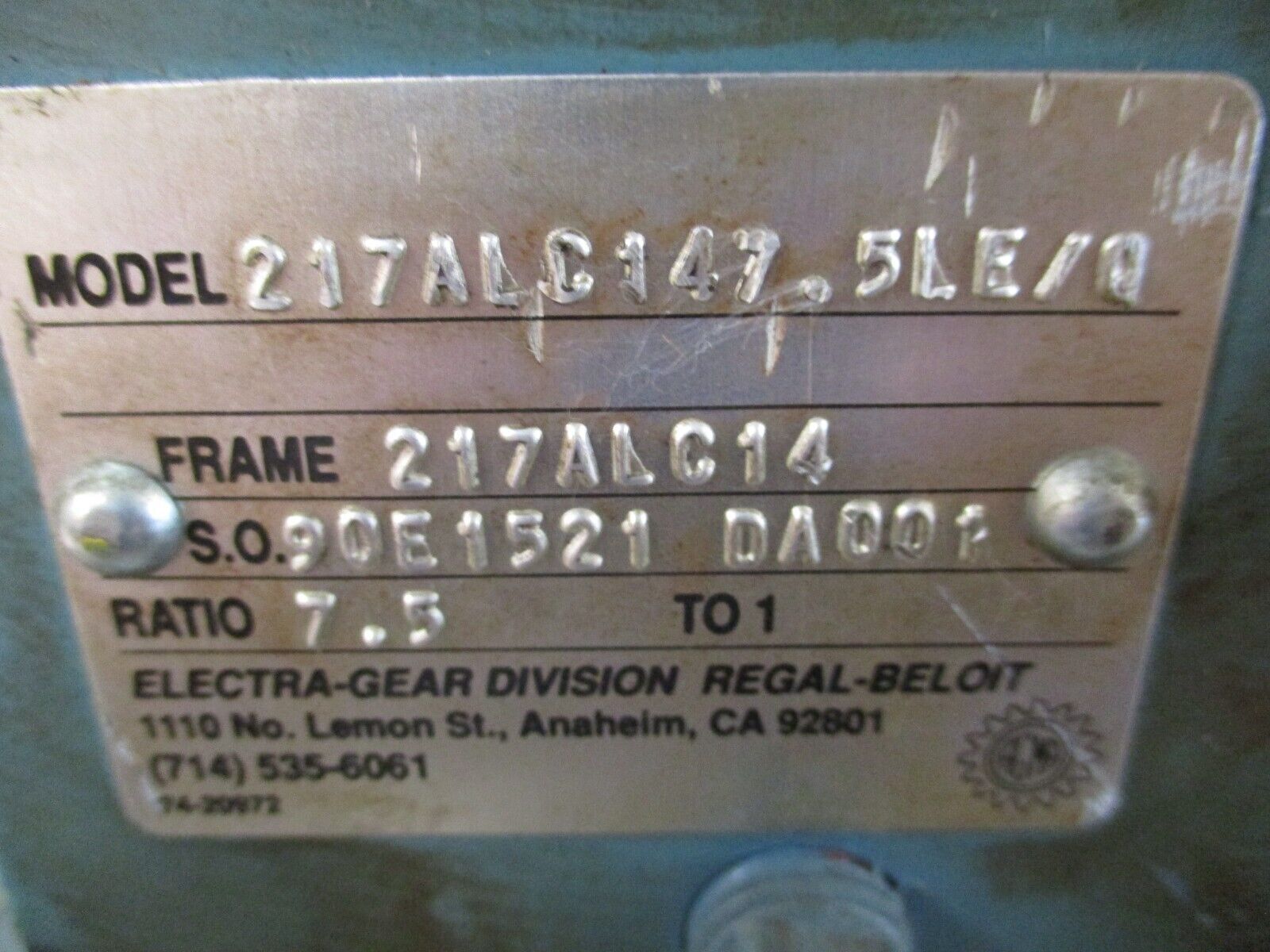 Electra-Gear Aluminum Reducer 217ALC147.5LE/Q Ratio 7.5:1 Frame: 217ALC14 Used