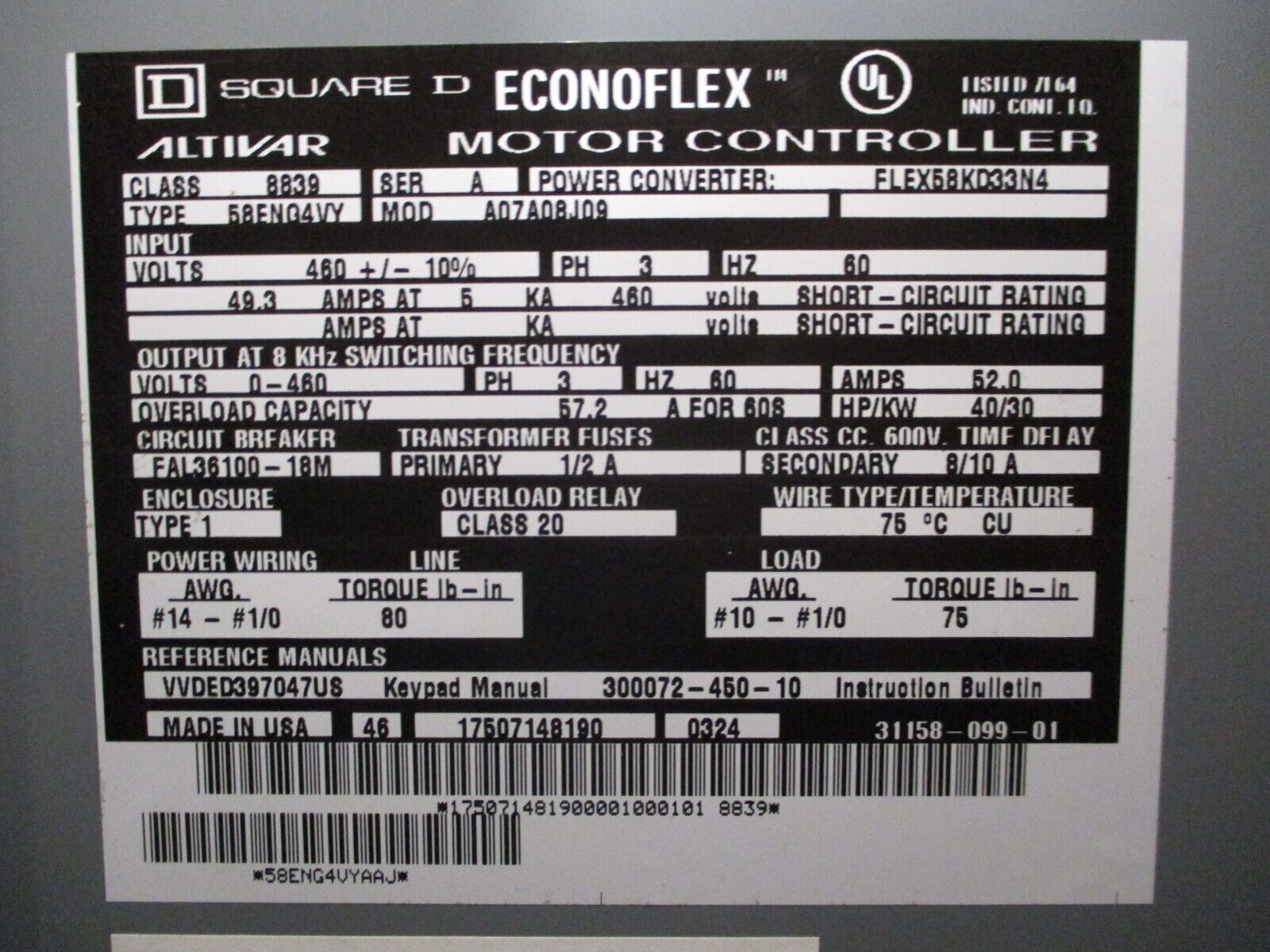 Square D Econoflex Altivar AC Drive 8839 58ENG4VY 40Hp 3Ph Used
