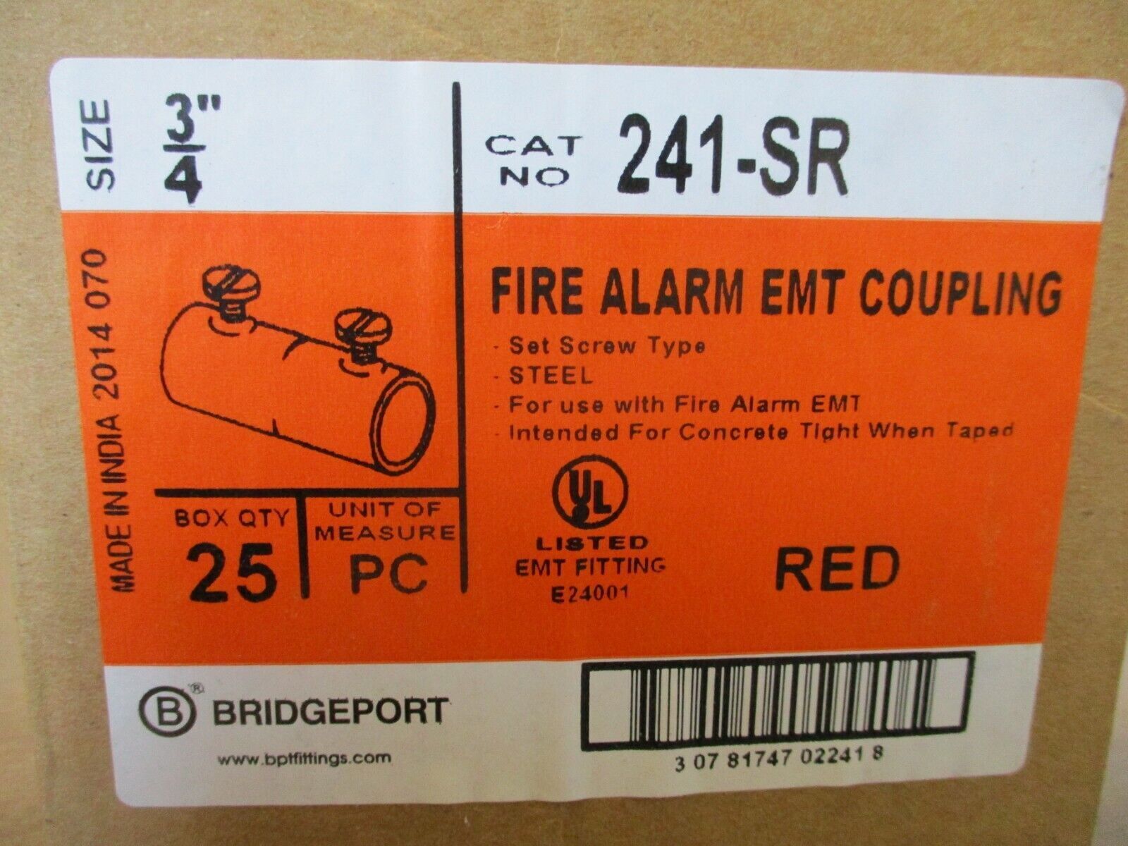 Bridgeport Fire Alarm EMT Coupling 241-SR Set Screw Type *Lot of 2 Boxes of 25*