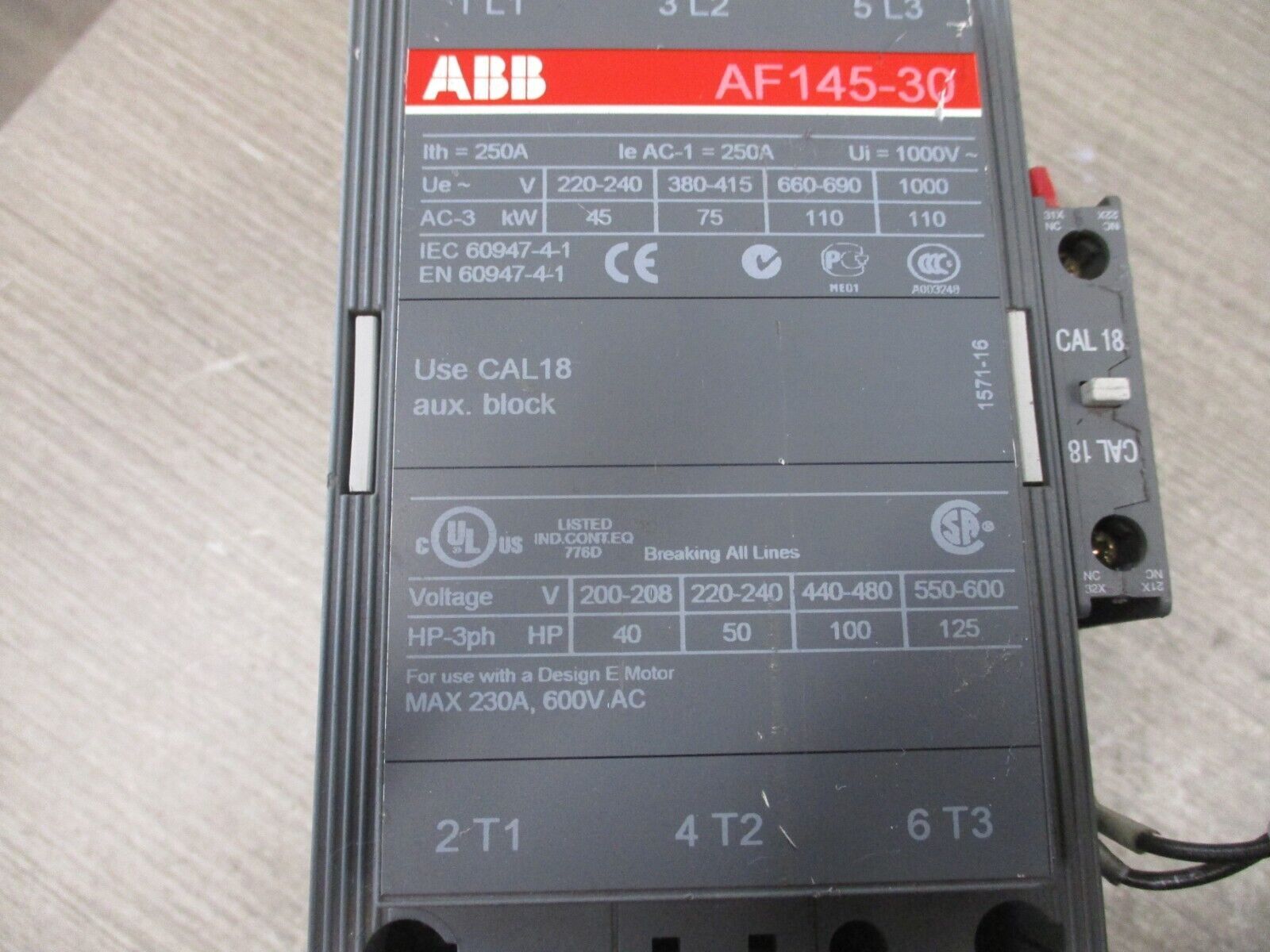 ABB Contactor AF145-30 20-60VDC Coil 230A 600V Used