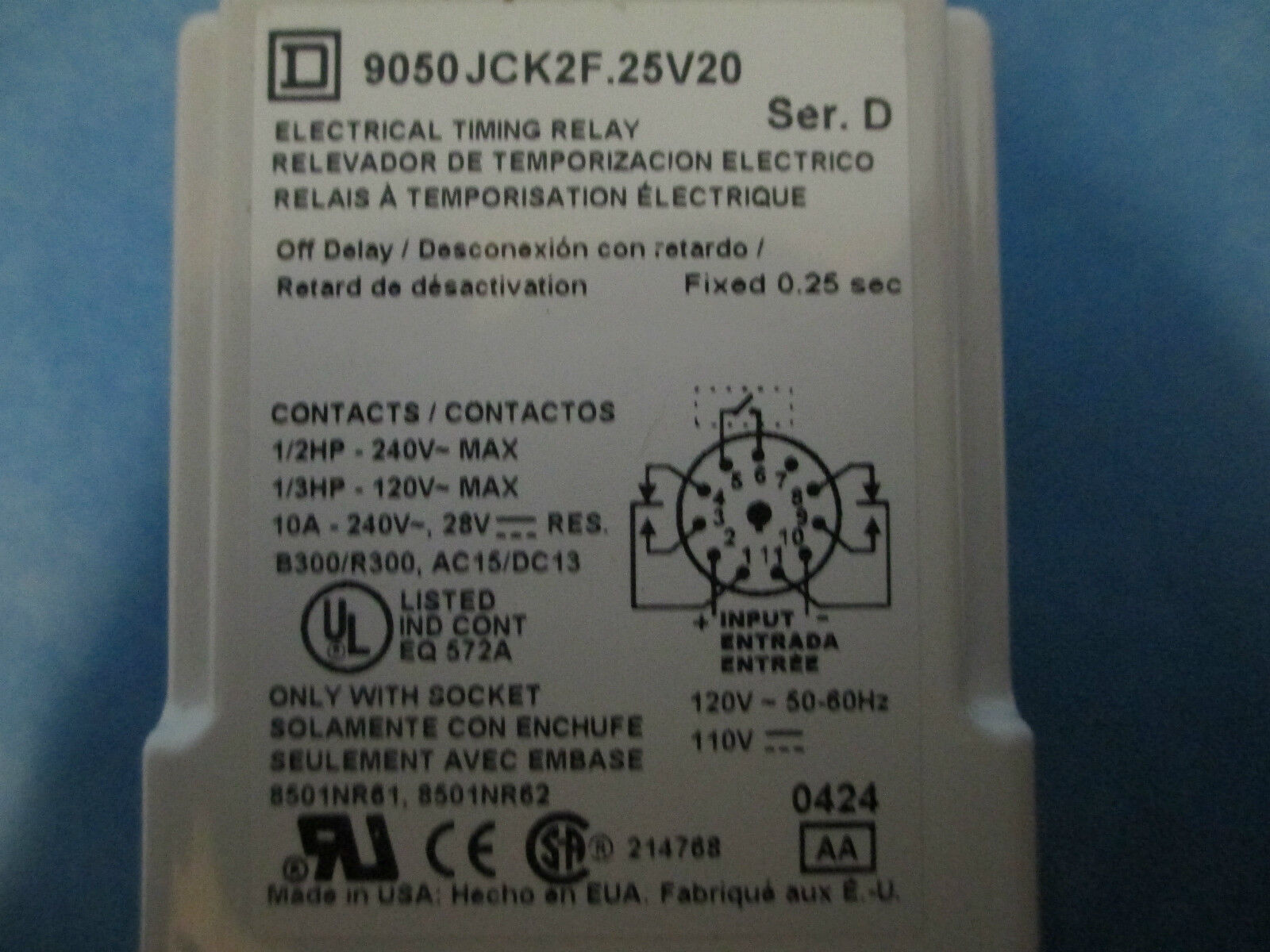 Square D 9050JCK2F.25V20 Electrical Timing Relay New in Box