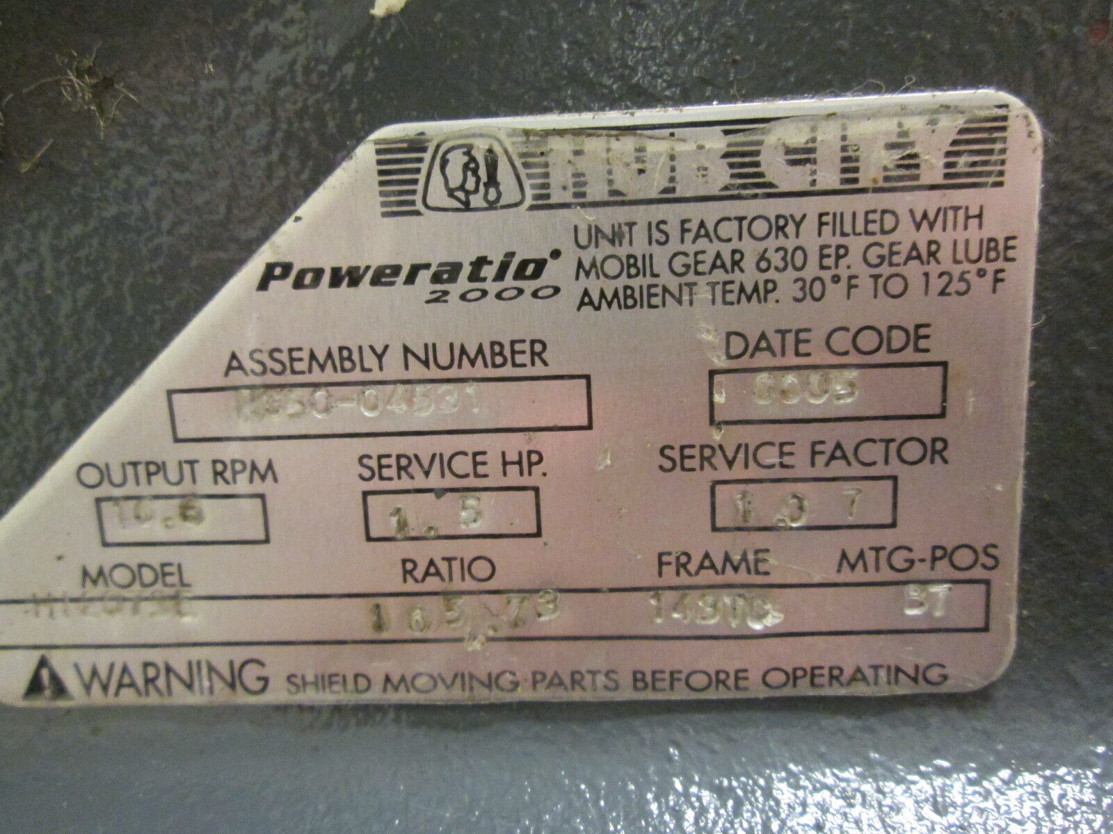 Hub City Poweratio 2000 Gear H12073E 1.5HP 1750RPM In 16.6RPM Out FR:143TC Used