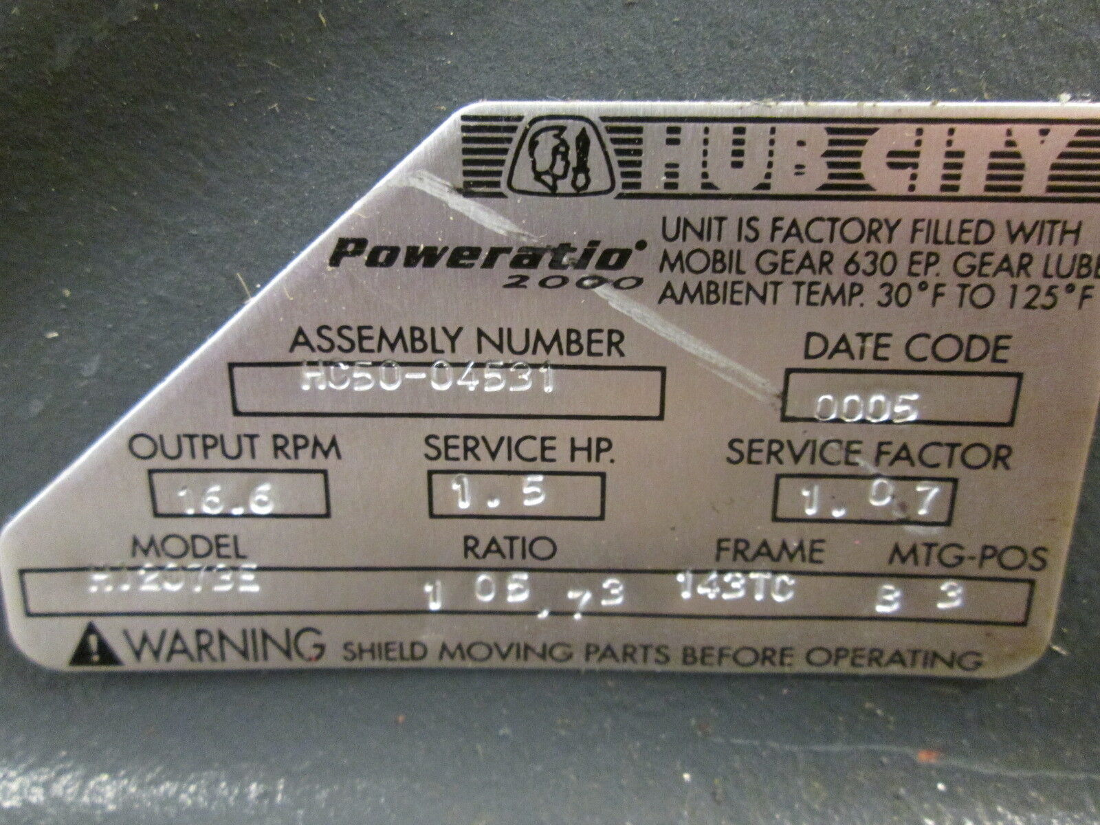 Hub City Poweratio 2000 Gear H12073E 1.5HP 1750RPM In 16.6RPM Out FR: 143TC Used