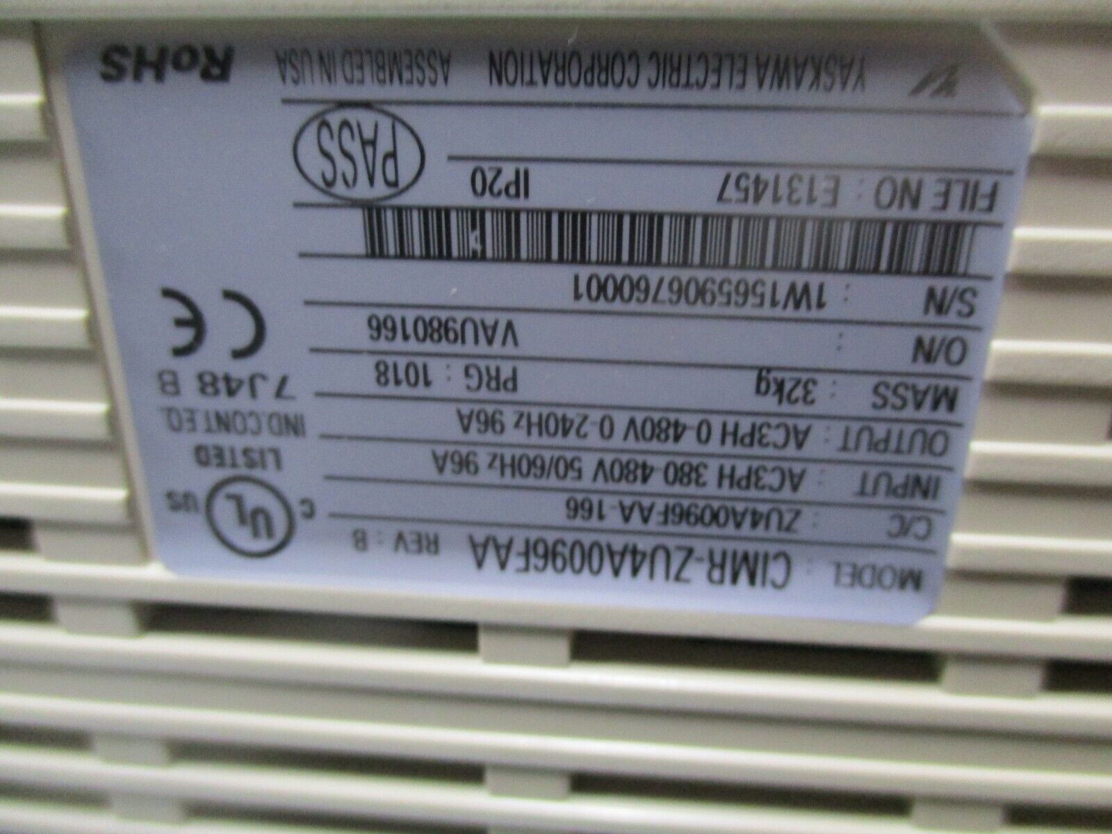 Yaskawa Z1000 AC Drive w/ Bypass Z1BBB096PMB 75HP 3Ph Nema 12 Enclosure Used