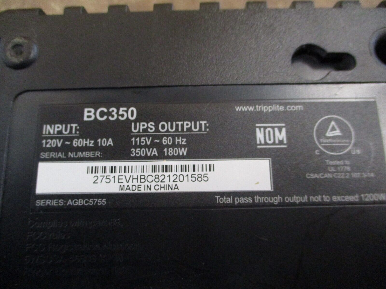 Tripp-Lite UPS BC350 Input: 120V 60Hz 10A Output: 115V 60Hz 180W 350VA Used