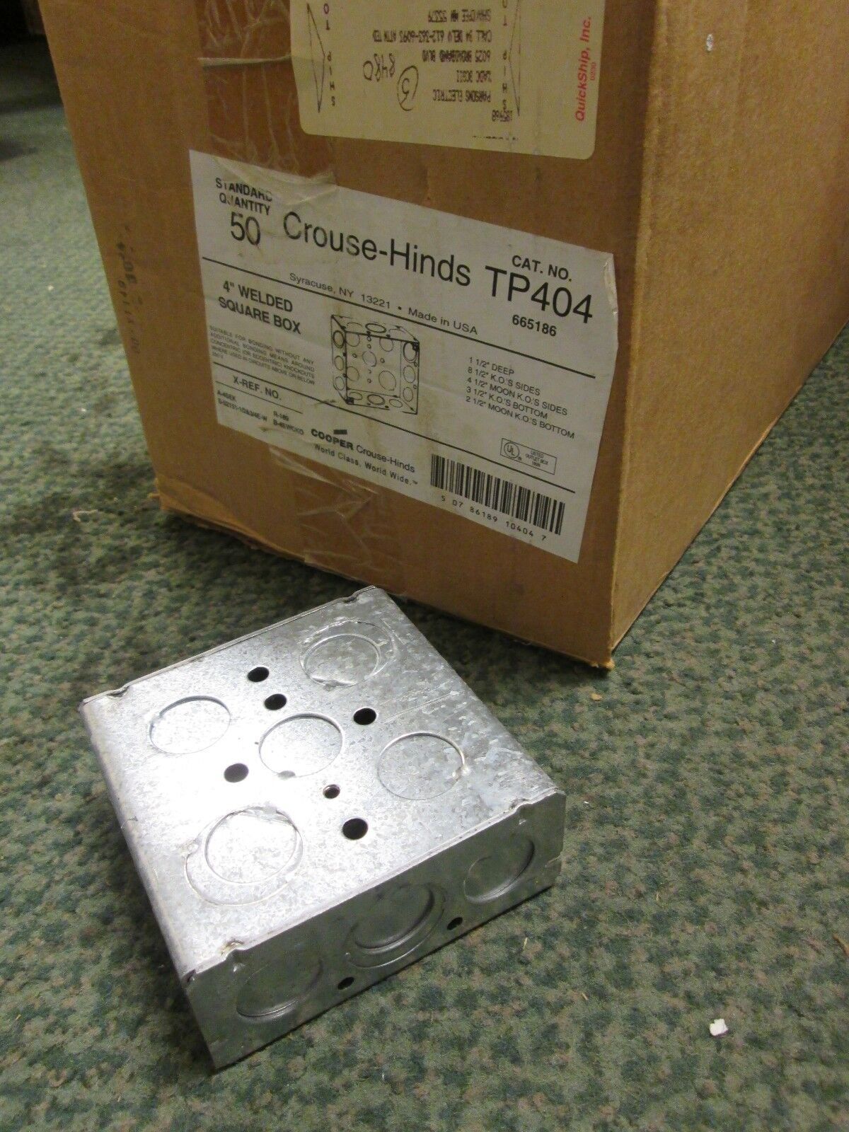 Crouse Hinds Outlet Box TP404 4" Square 1-1/2" Deep 1/2" KOs Box of 50