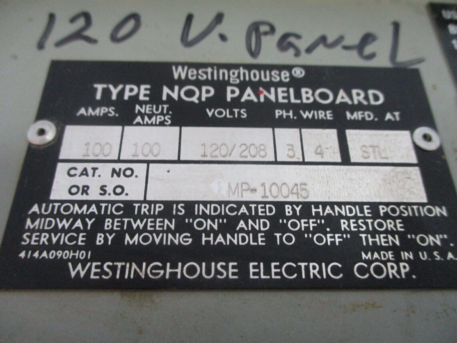 Westinghouse Type NQP Panelboard Interior MP-10045 100A 120/208V 3Ph 4W Used