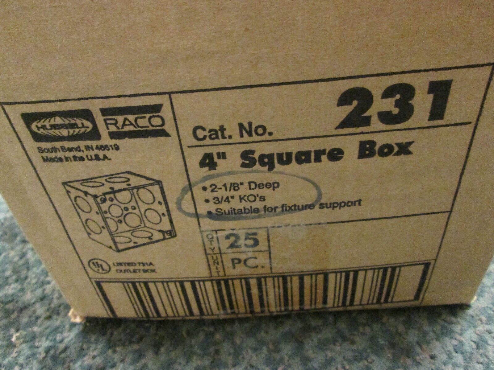 Raco Outlet Box 231 4" Square 2-1/8" Deep 3/4" KOs *Box of 25* New Surplus