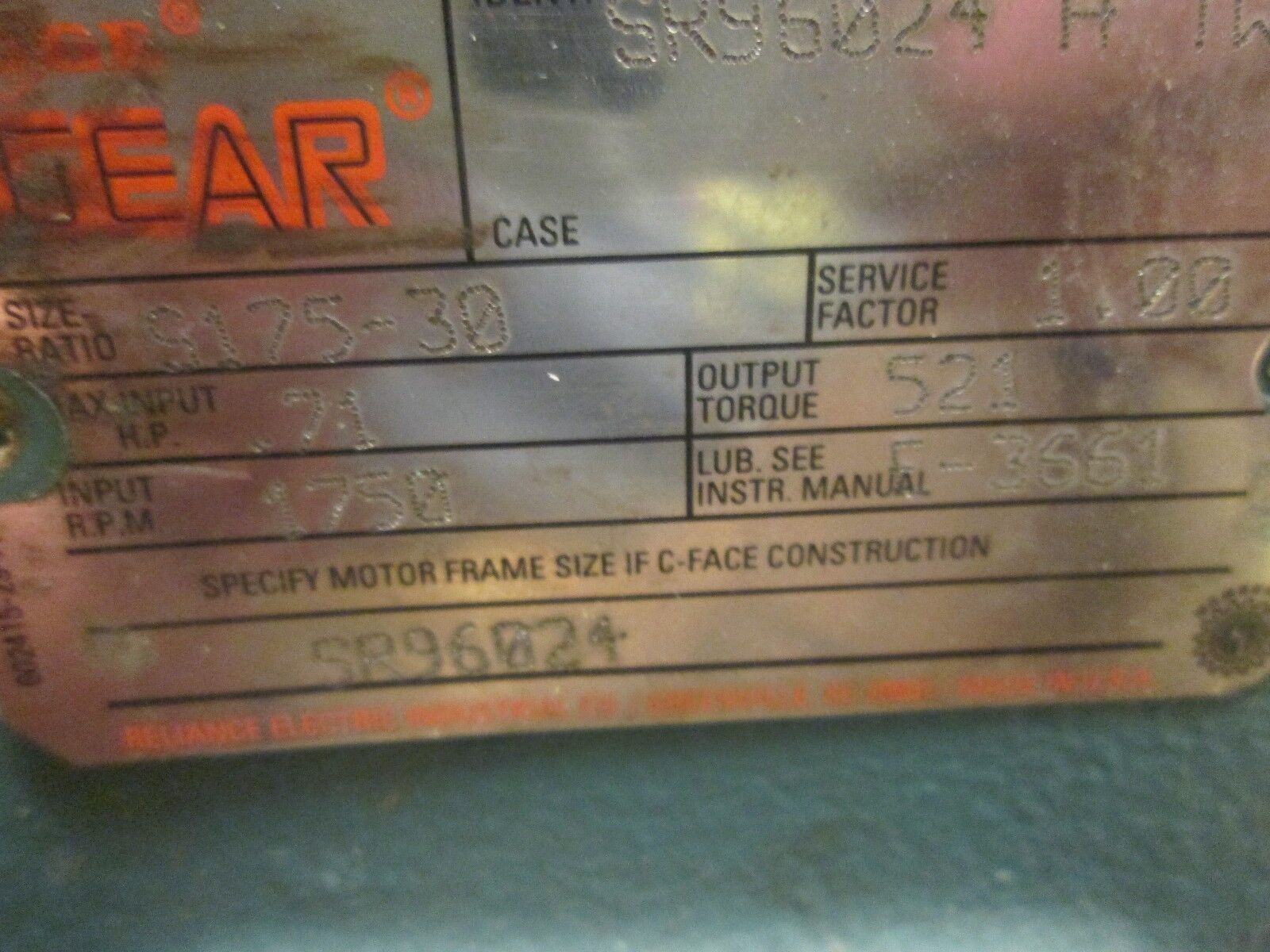 Dodge Tigear Reducer SR96024 Ratio 30:1 0.71 HP-IN 521 LB-IN Torque Out Used