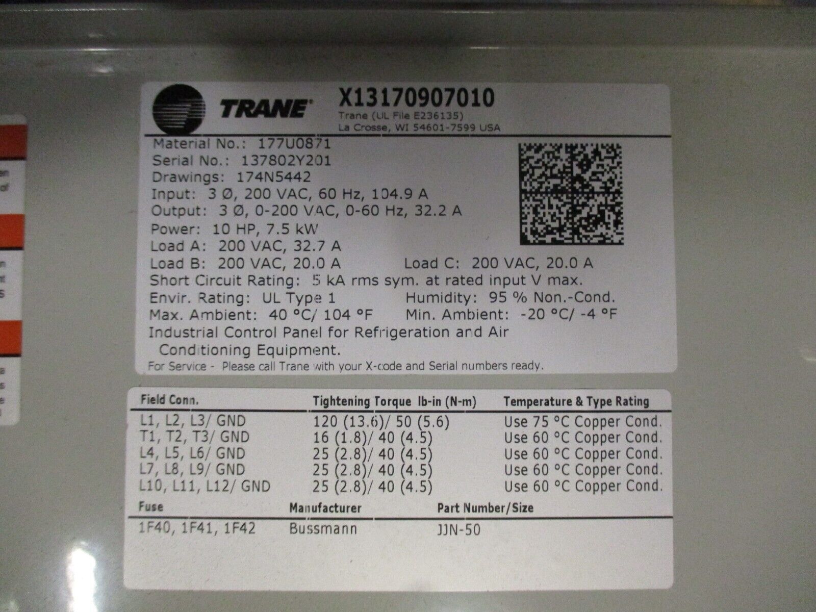 Trane TR200 AC Drive 177U0871 10HP 3Ph w/ Keypad Used
