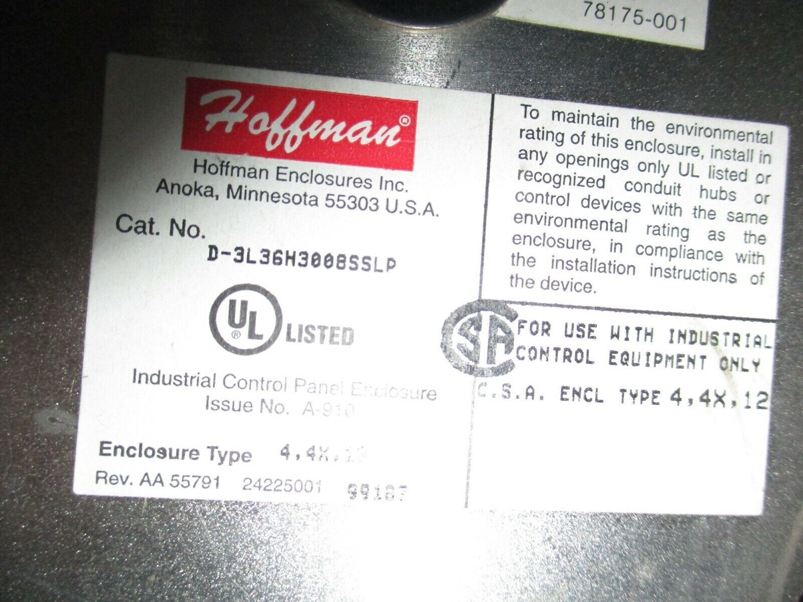 Hoffman Stainless Steel 4X Enclosure D-3L36H3008SSLP Size: 36x30x8" w/Disconnect