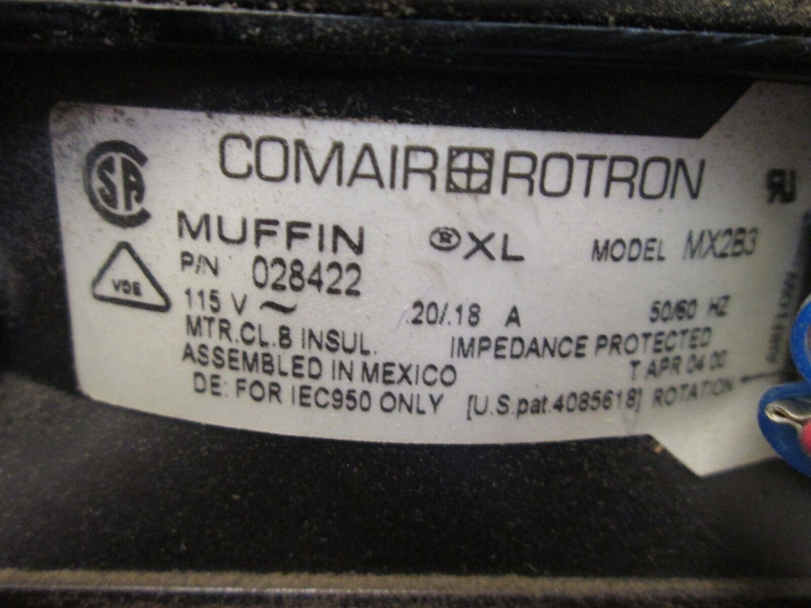 Comair Rotron Muffin XL Fan MX2B3 028422 50/60Hz .20/.18A 115V Used