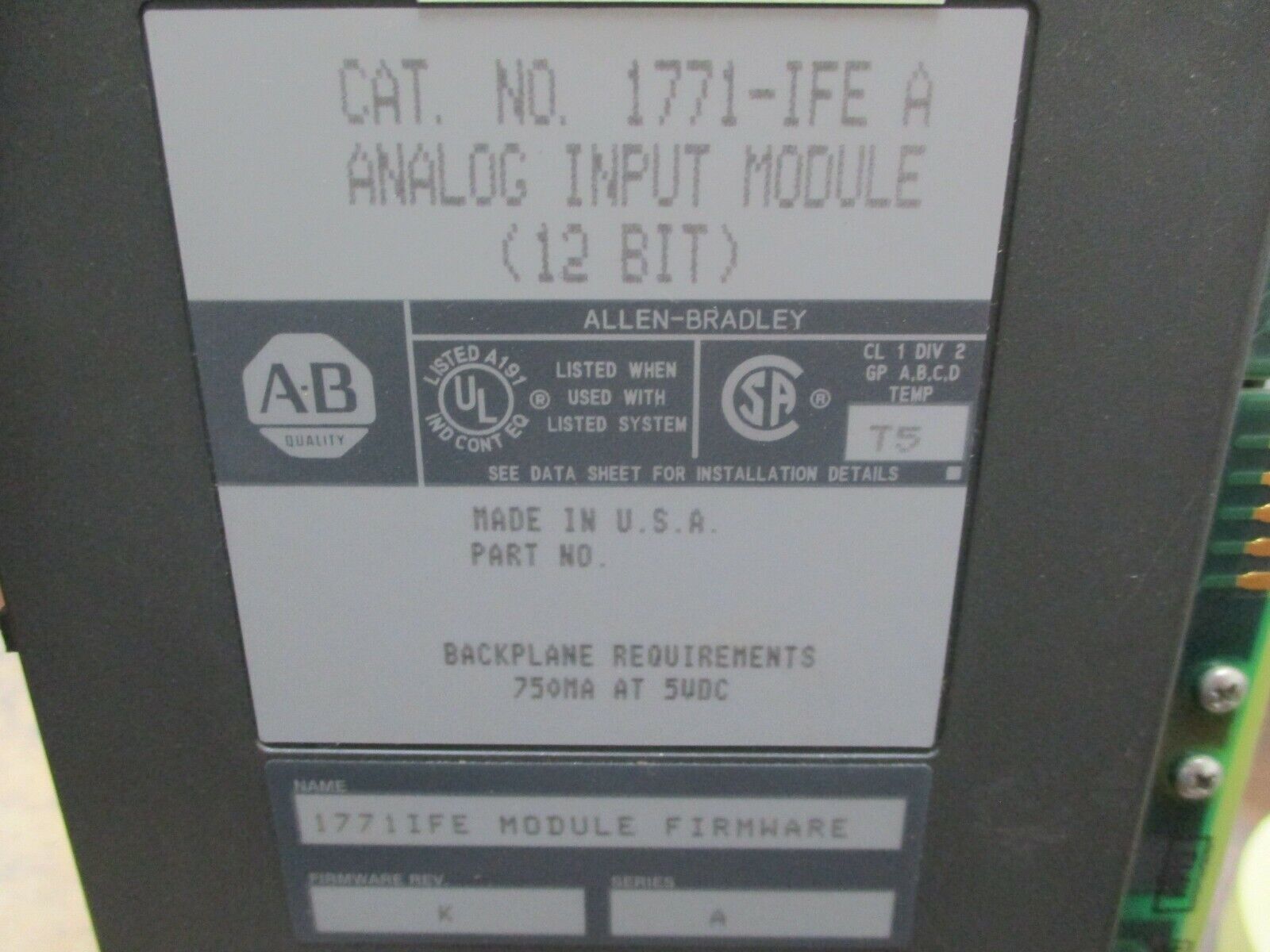 Allen-Bradley 12-Bit Analog Input Module 1771-IFE Ser. A F/W Rev. K Used