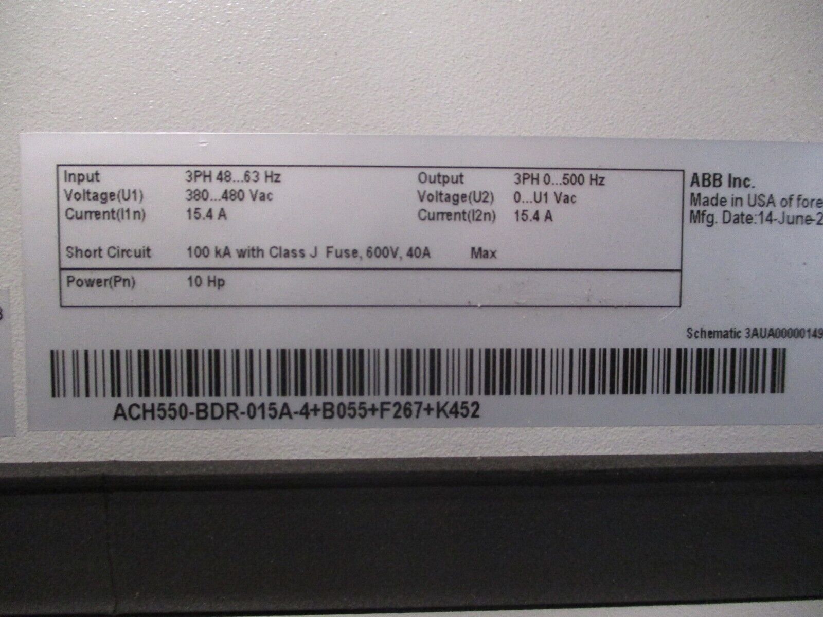 ABB ACH550 AC Drive w/ Bypass ACH550-BDR-015A-4+B055+F267+K452 10HP 3Ph Used