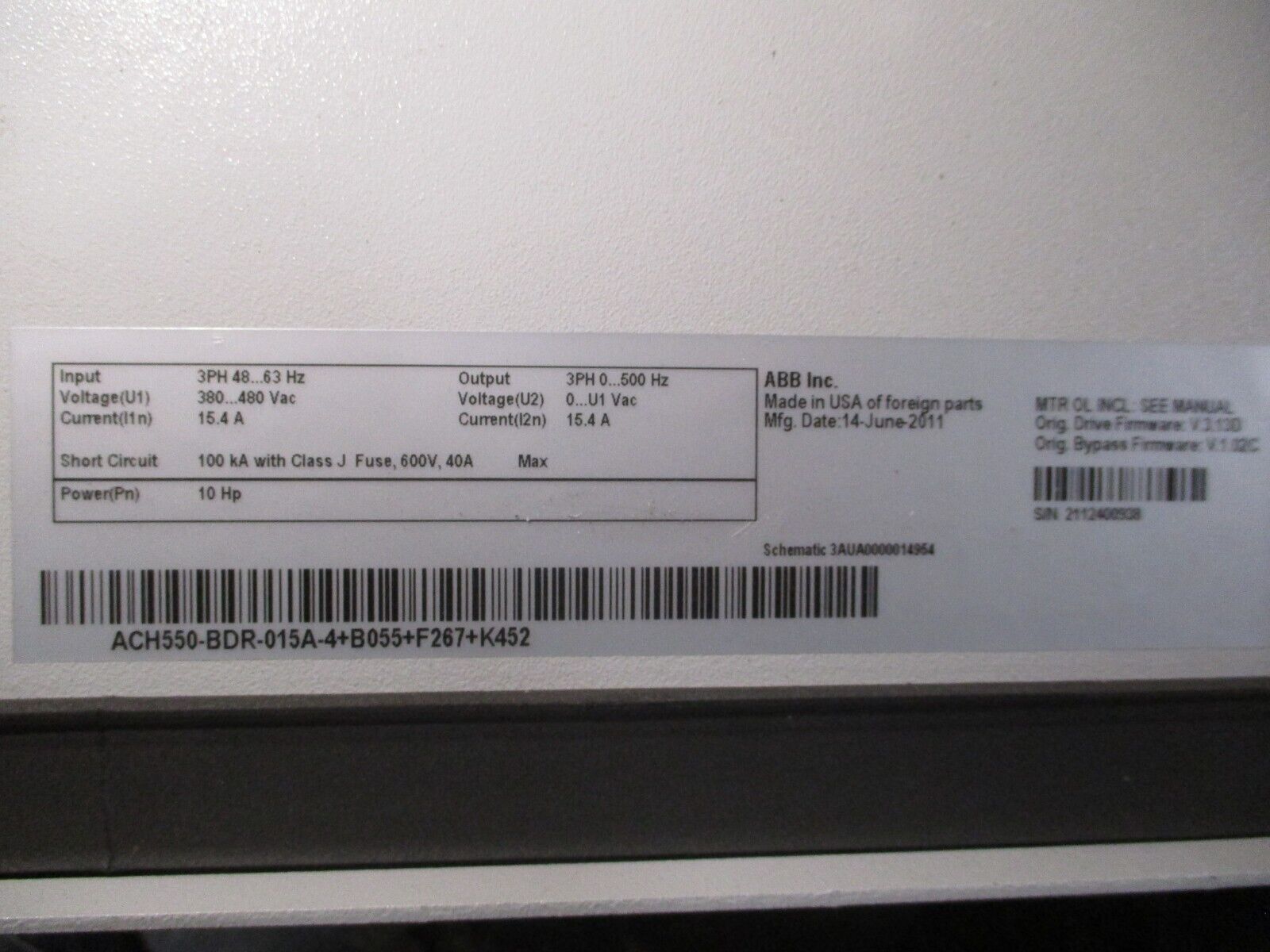 ABB ACH550 AC Drive w/ Bypass ACH550-BDR-015A-4+B055+F267+K452 10HP 3Ph Used