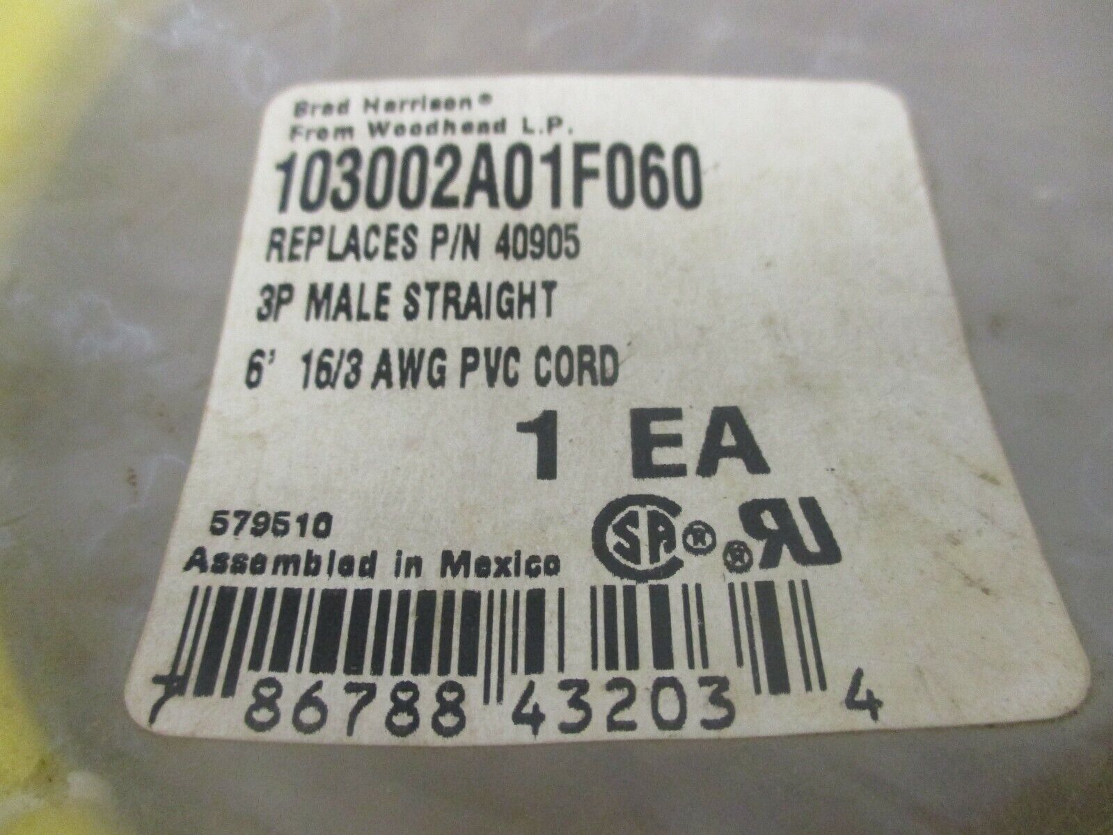 Woodhead L.P. Brad Harrison Cord Set 103002A01F060 6Ft. 3P Male New Surplus