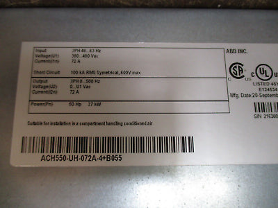 ABB ACH550 AC Drive ACH550-UH-072A-4+B055 50HP 3Ph w/ Keypad Type 12 Enclosure