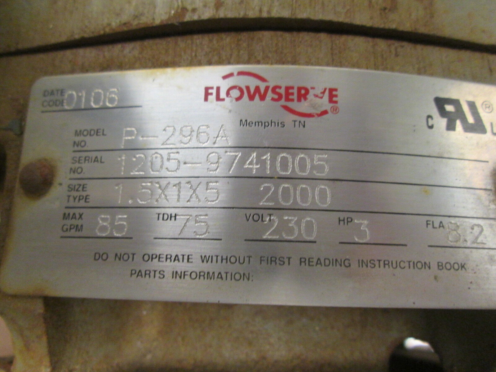 Flowserve Model P-296A Pump w/ Motor 1.5X1X5 2000 85GPM 75TDH 230V 3HP 8.2A Used