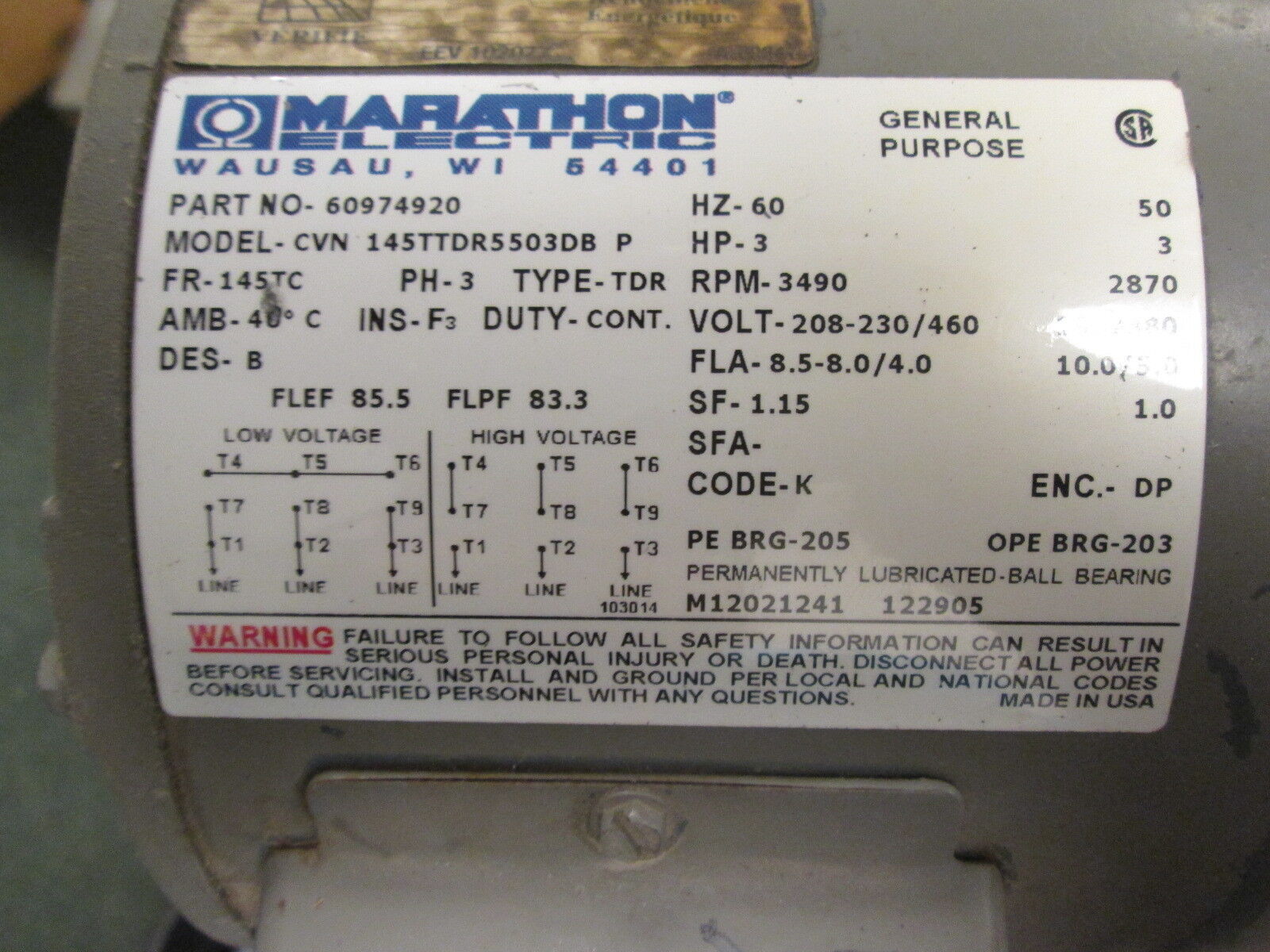 Flowserve Model P-296A Pump w/ Motor 1.5X1X5 2000 85GPM 75TDH 230V 3HP 8.2A Used