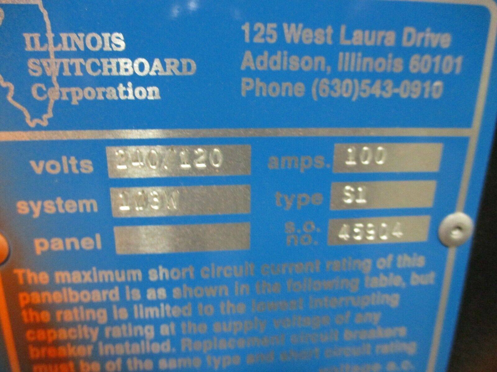 Illinois Switchboard Corp. Main Lug Breaker Panel 349926 100A Max 240/120V 3Ph