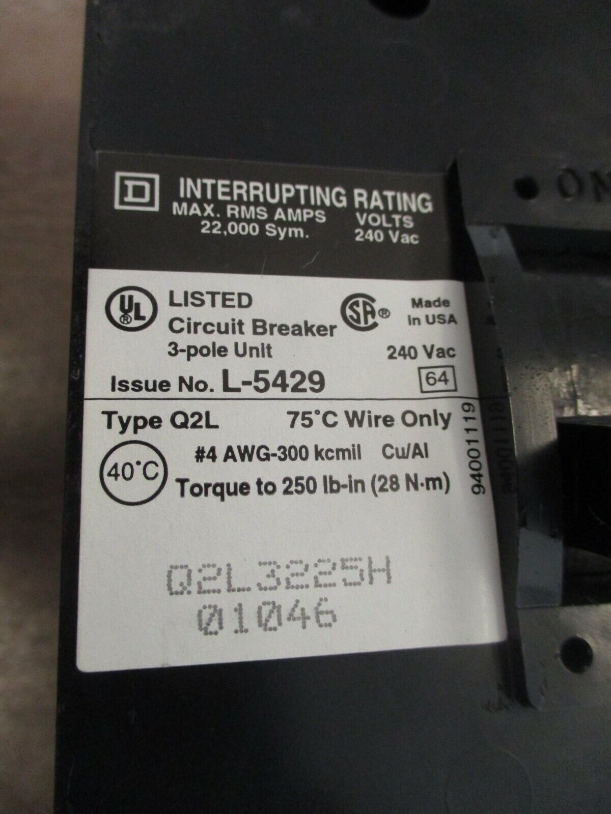 Square D Circuit Breaker Q2L3225H 225A 240V 3P Used