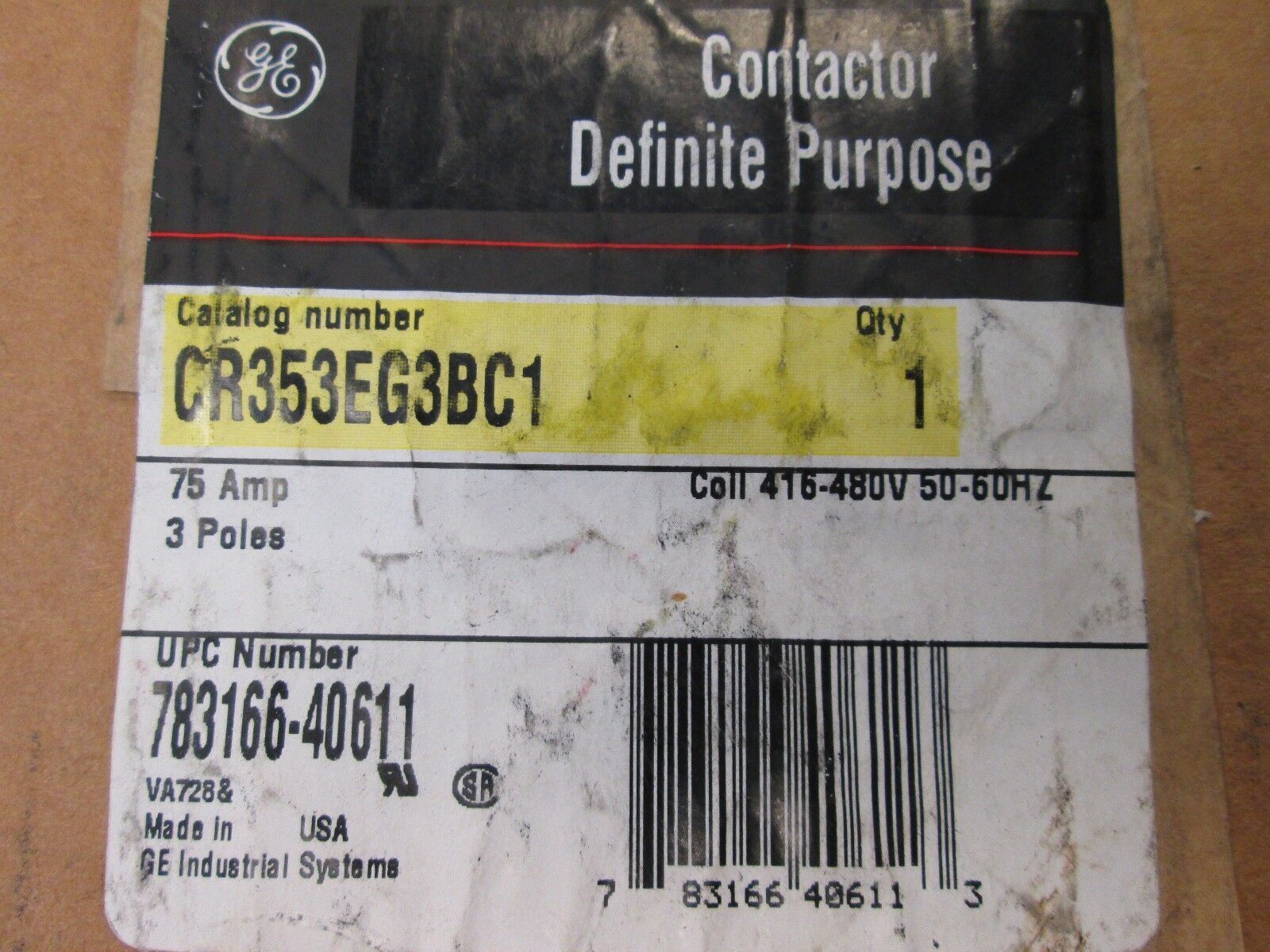 GE Contactor CR353EG3BC1 75A 416-480V Coil 50/60Hz 3P New Surplus
