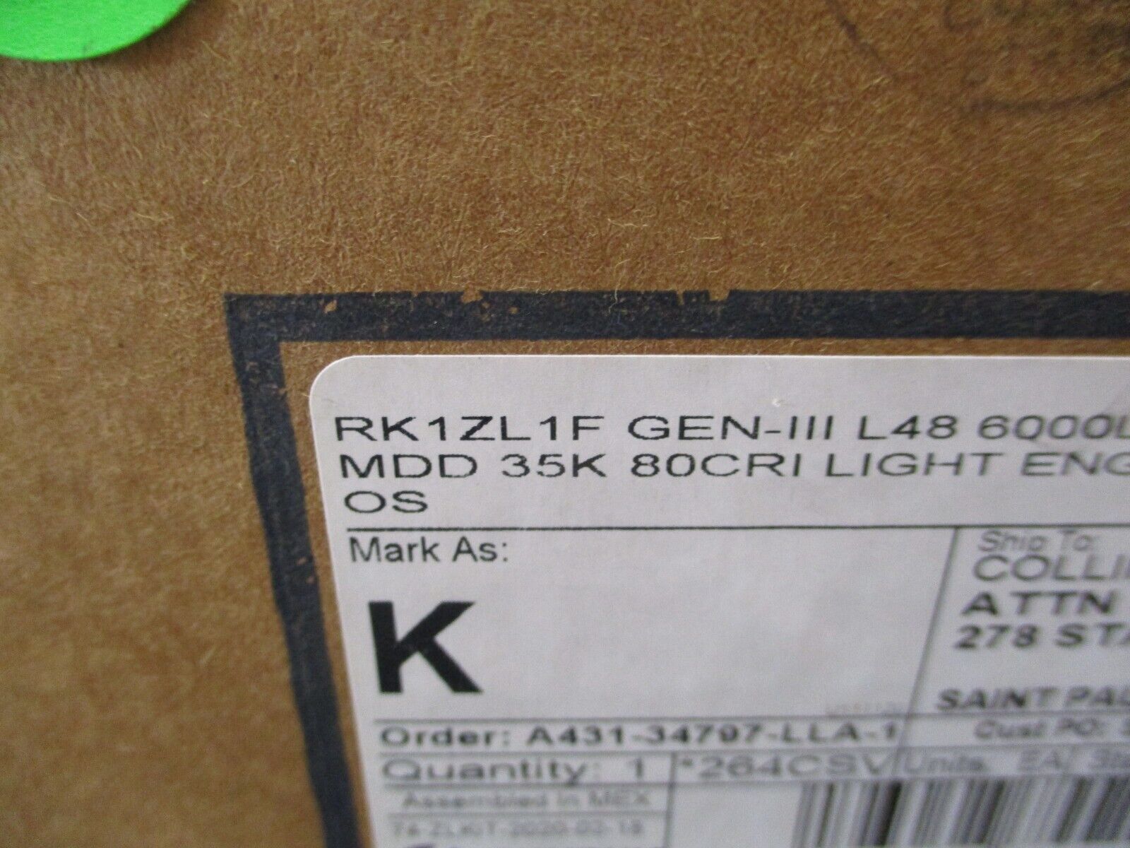 Lithonia LED Light Engine Strip Light RK1ZL1F L48 6000LM 35K New Surplus