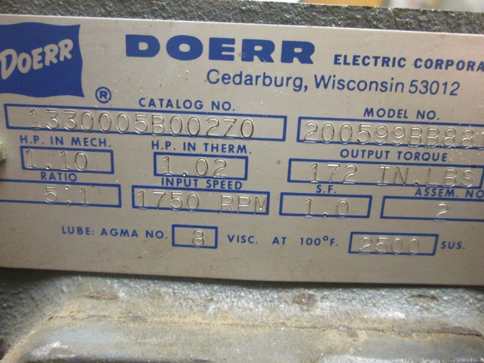 Doerr Reducer 1330005B002Z0 Ratio 5:1 1:10 HP IN 172 LB-IN Torque Out Used