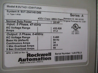 Rockwell Automation VTAC 9 AC Drive w/ Bypass 9VT-2541H0-D00 25HP 3Ph w/ Keypad