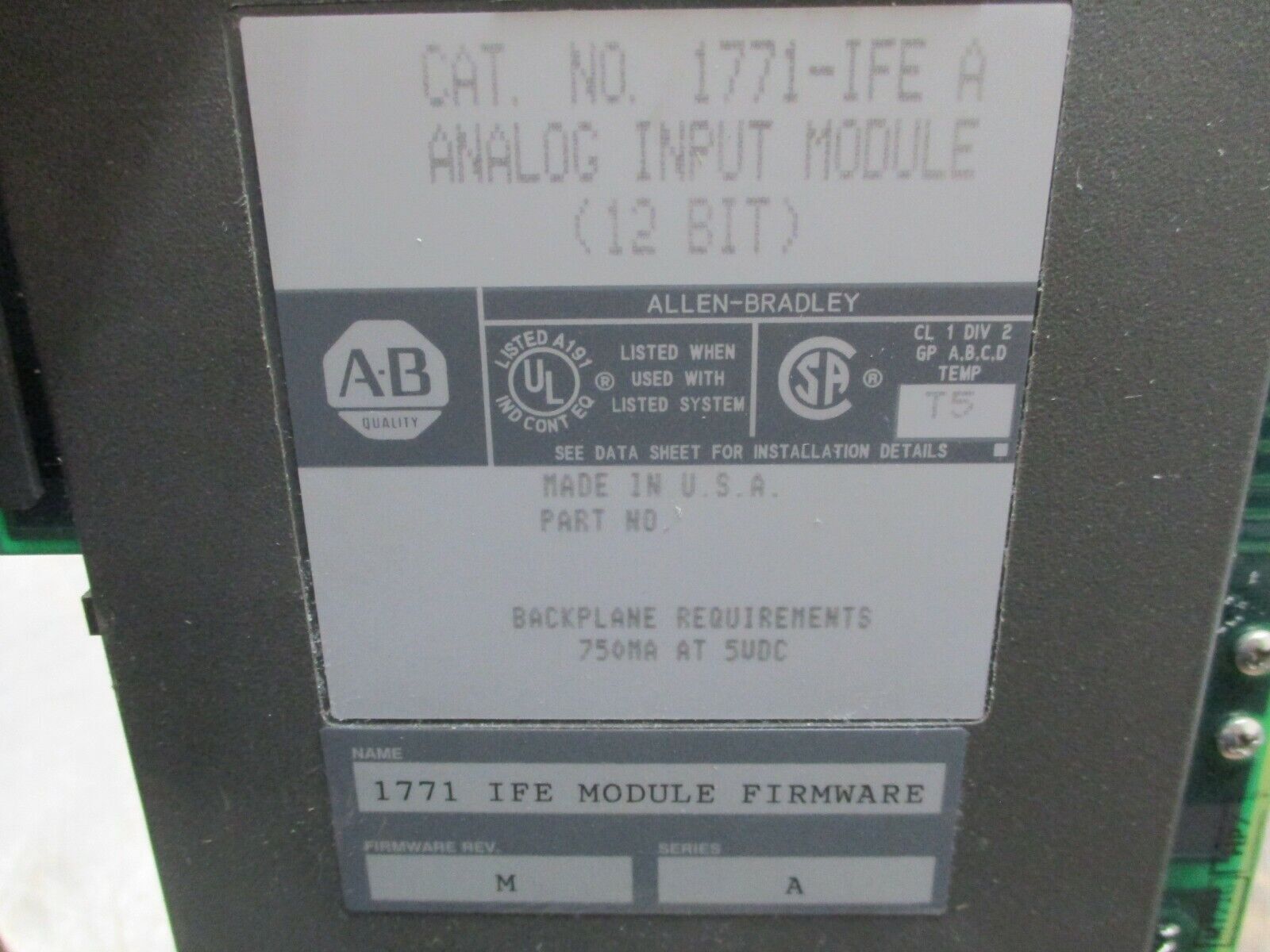 Allen-Bradley 12-Bit Analog Input Module 1771-IFE Ser. A F/W Rev. M Used