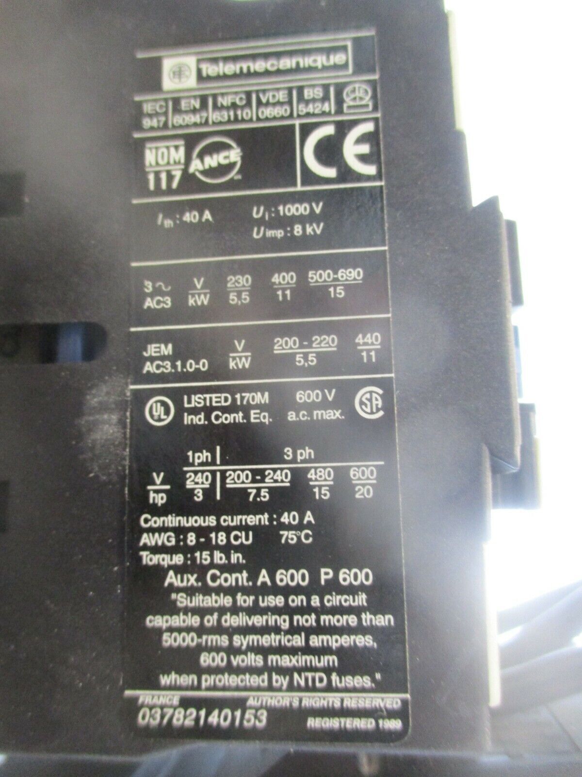 Telemecanique Starter LC1 D2501 / LR2 D15 120V Coil Trip: 17-25A Used