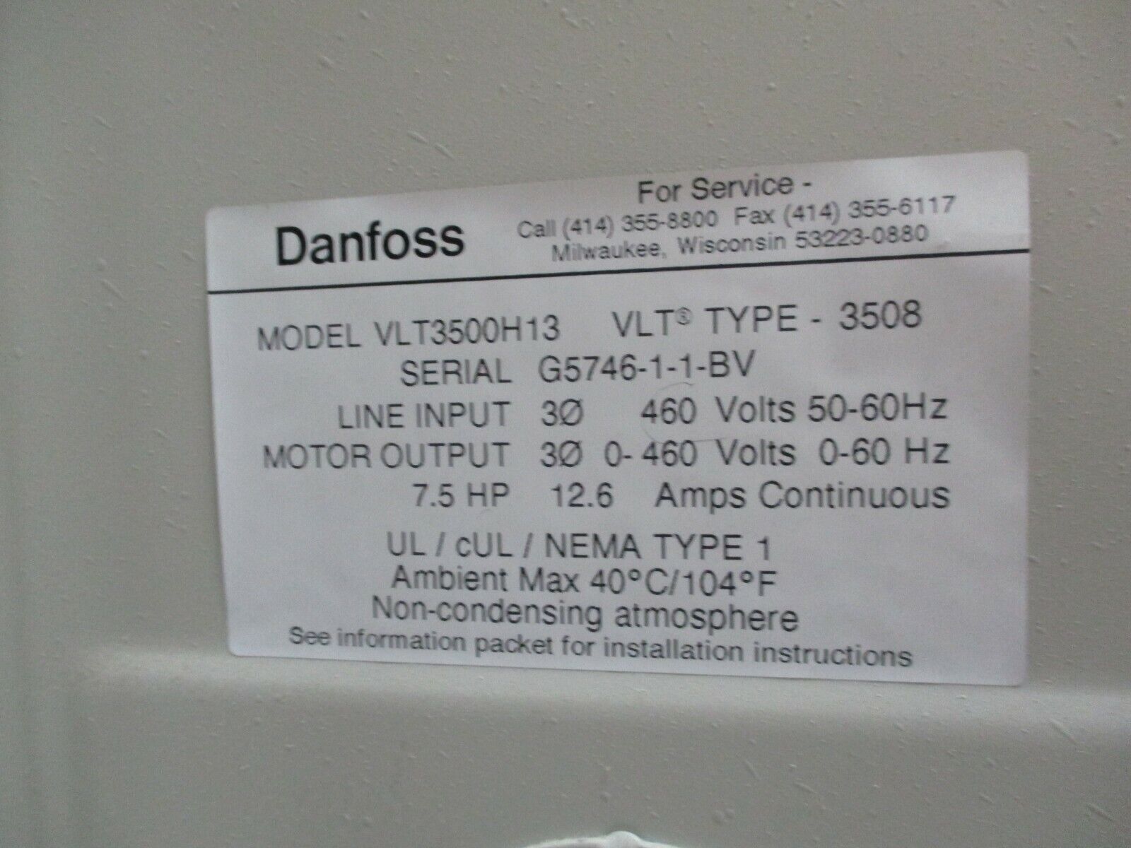 Danfoss VLT 3508 AC Drive w/ Bypass VLT3500H13 7.5HP 3Ph Used