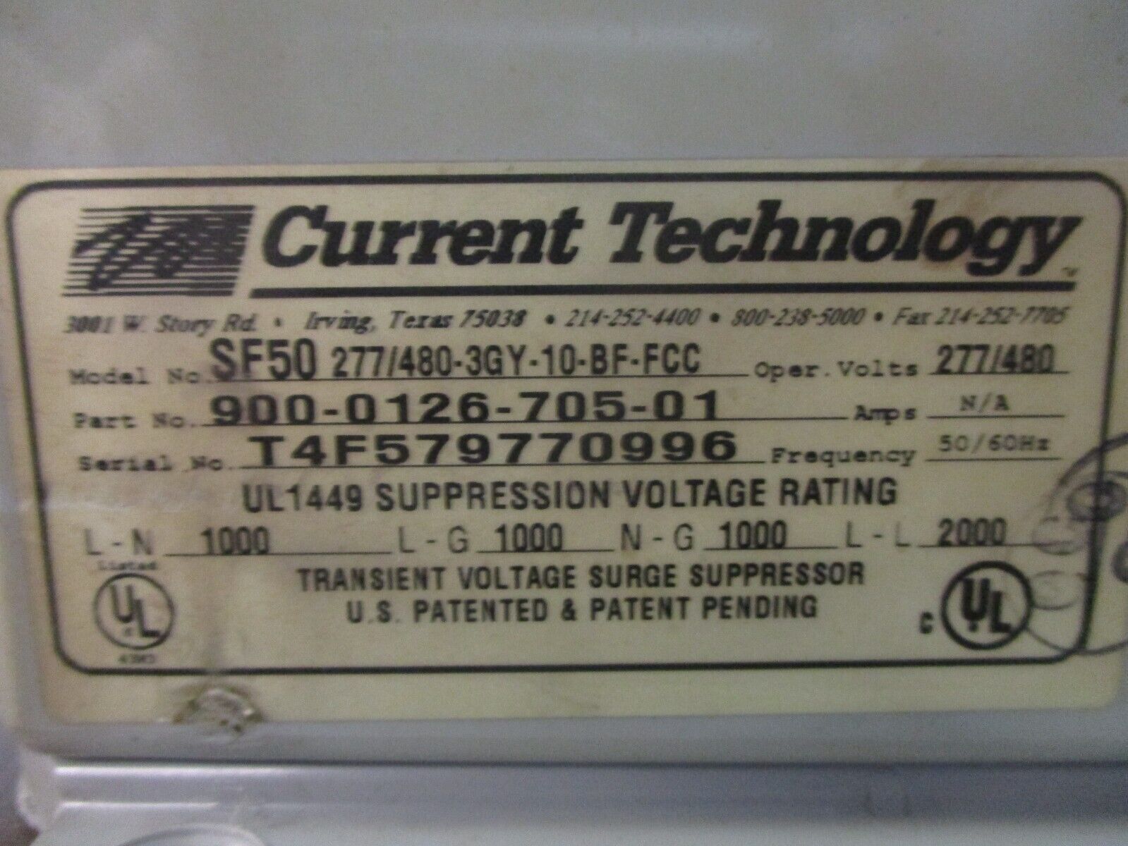 Current Technology SF50 Suppression Filter System 900-0126-705-01 277/480V Used