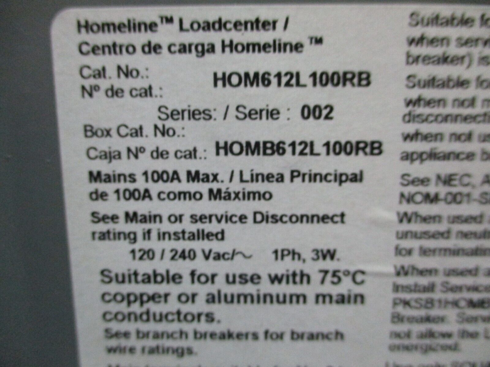 Square D Homeline 3R Load Center HOM612L100RB Ser. 002 100A 120/240V 1Ph 50/60Hz