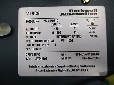 Rockwell Automation VTAC9 AC Drive w/ Bypass 9V741H0B10 7.5HP 3Ph Used
