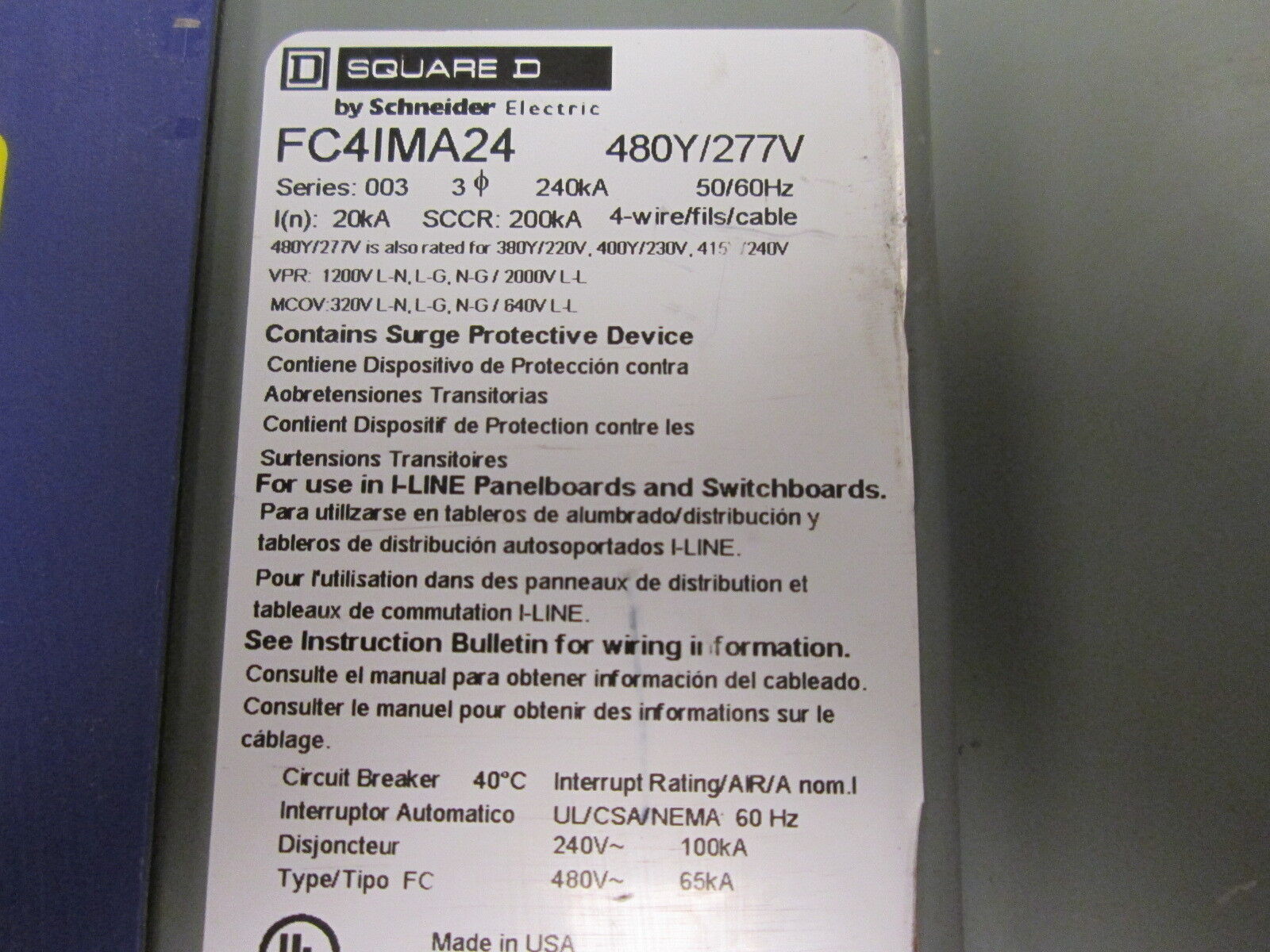 Square D SurgeLogic Surge Protective Device FC4IMA24 480Y/277V 50/50Hz Used