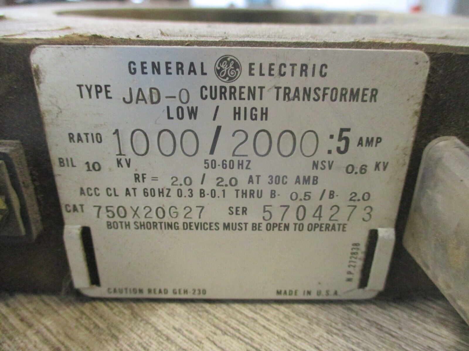 GE Type JAD-0 Current Transformer 750X20G27 1000/2000:5A 10KV BIL 50-60Hz. Used.