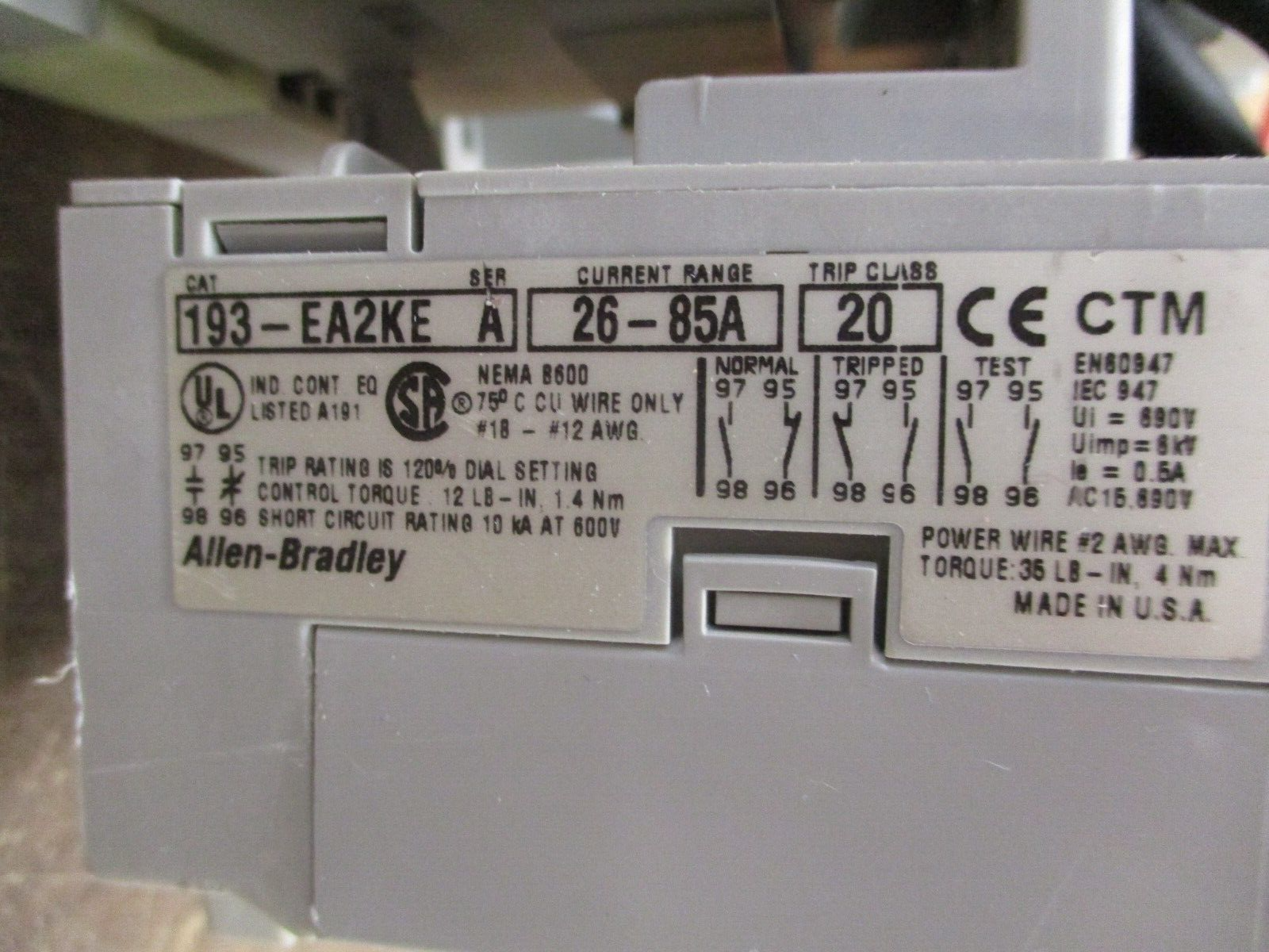 Allen-Bradley Reversing Starter 100-C72*00 / 193-EA2KE 120V Coil Trip: 26-85A