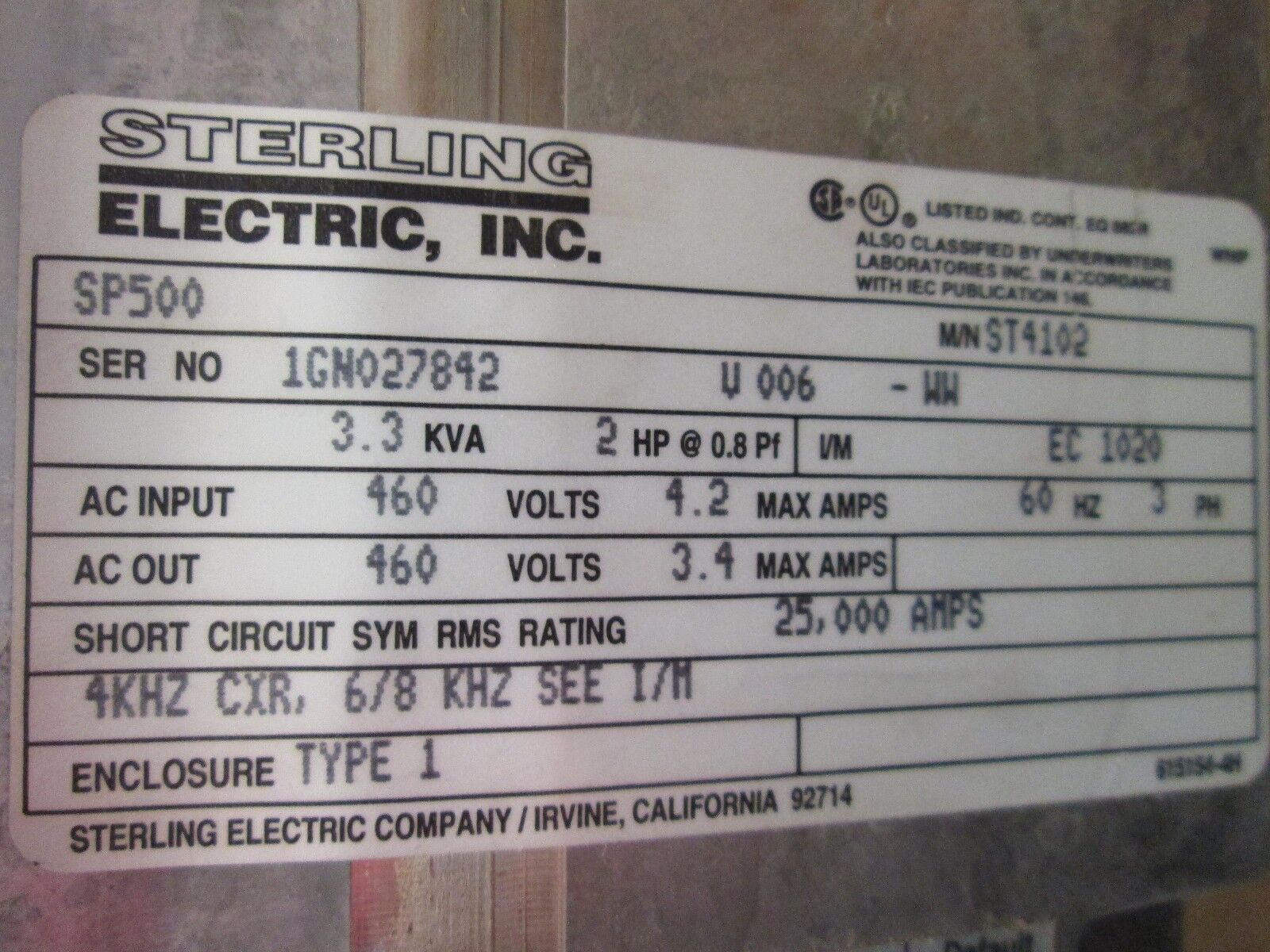 Sterling AC Motor ST4102 1-1/2 to 2HP Used