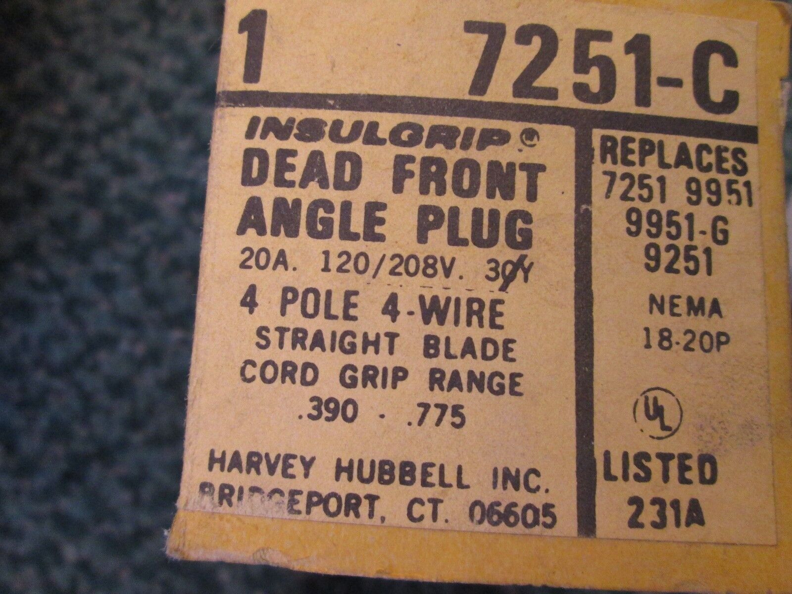 Hubbell Angle Plug 7251-C 20A 120/208V 4P 4W New Surplus