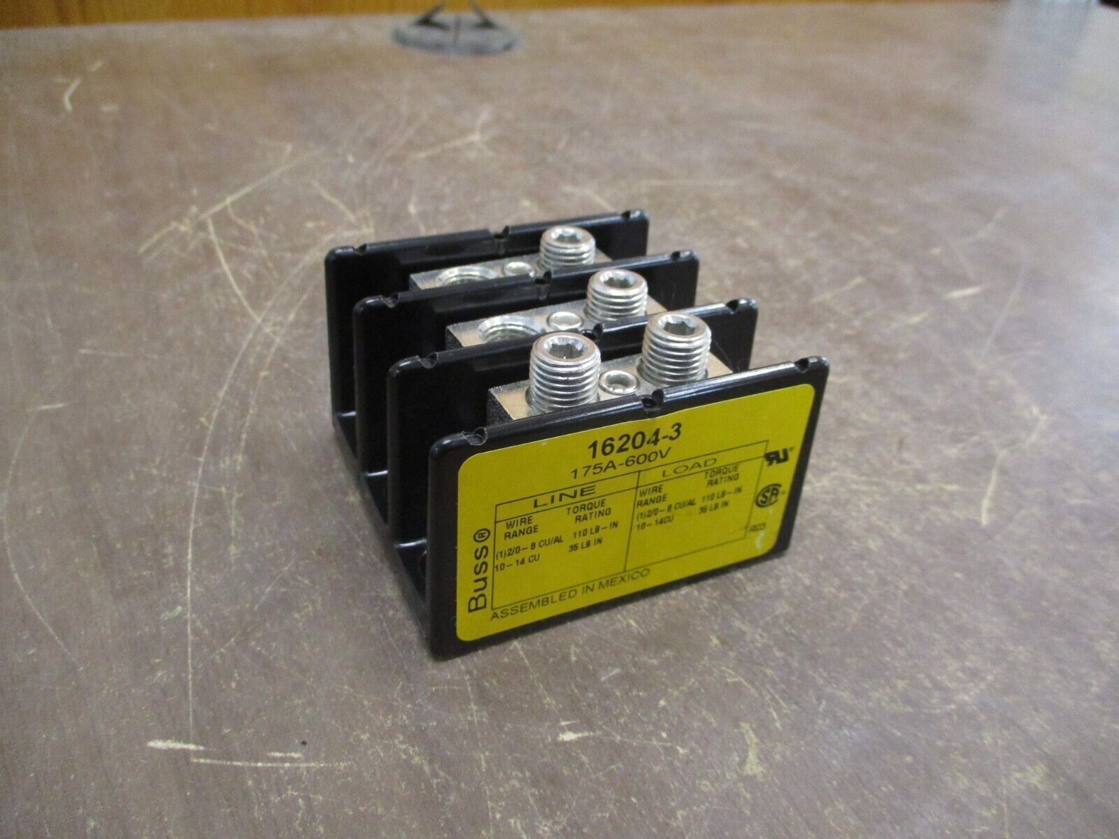 Buss Power Distribution Block 16204-3 175A 600V 3P Line (1): 2/0-8, 10-14 Used