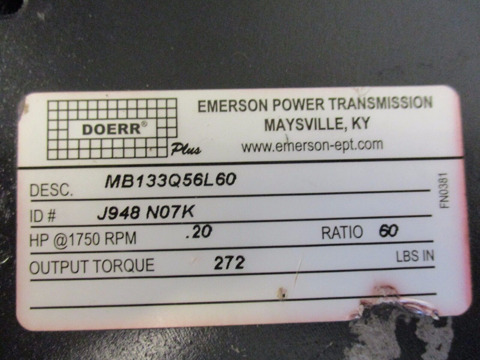 Doerr Reducer MB133Q56L60 Ratio 60:1 0.20HP In 272 LB-In Torque Out Used