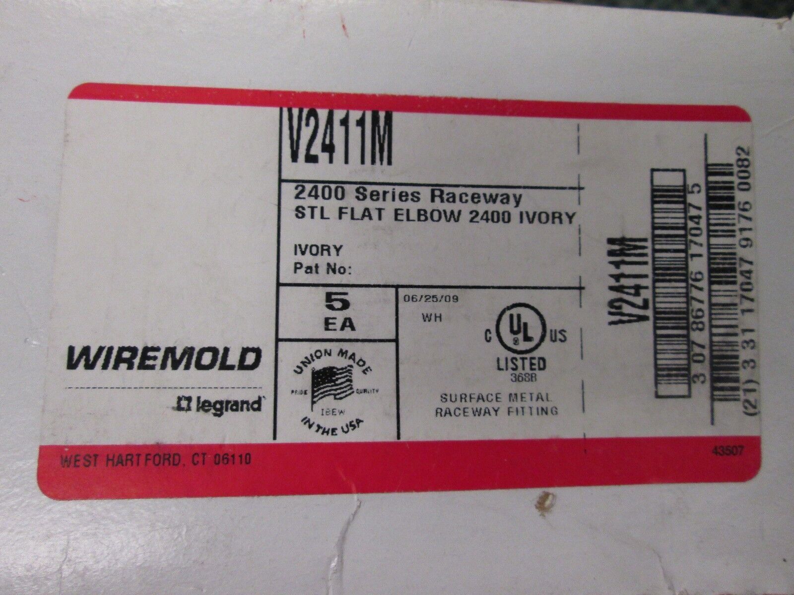 Wiremold STL Flat Elbow Raceway V2411M 2400 Series *Box of 5* New Surplus