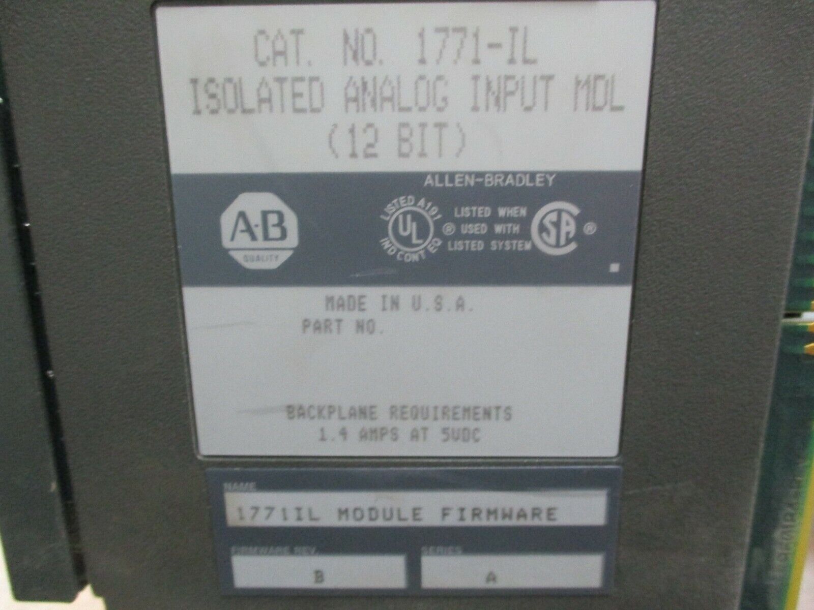 Allen-Bradley 12-Bit Isolated Analog Input Module 1771-IL Ser. A F/W Rev. B Used