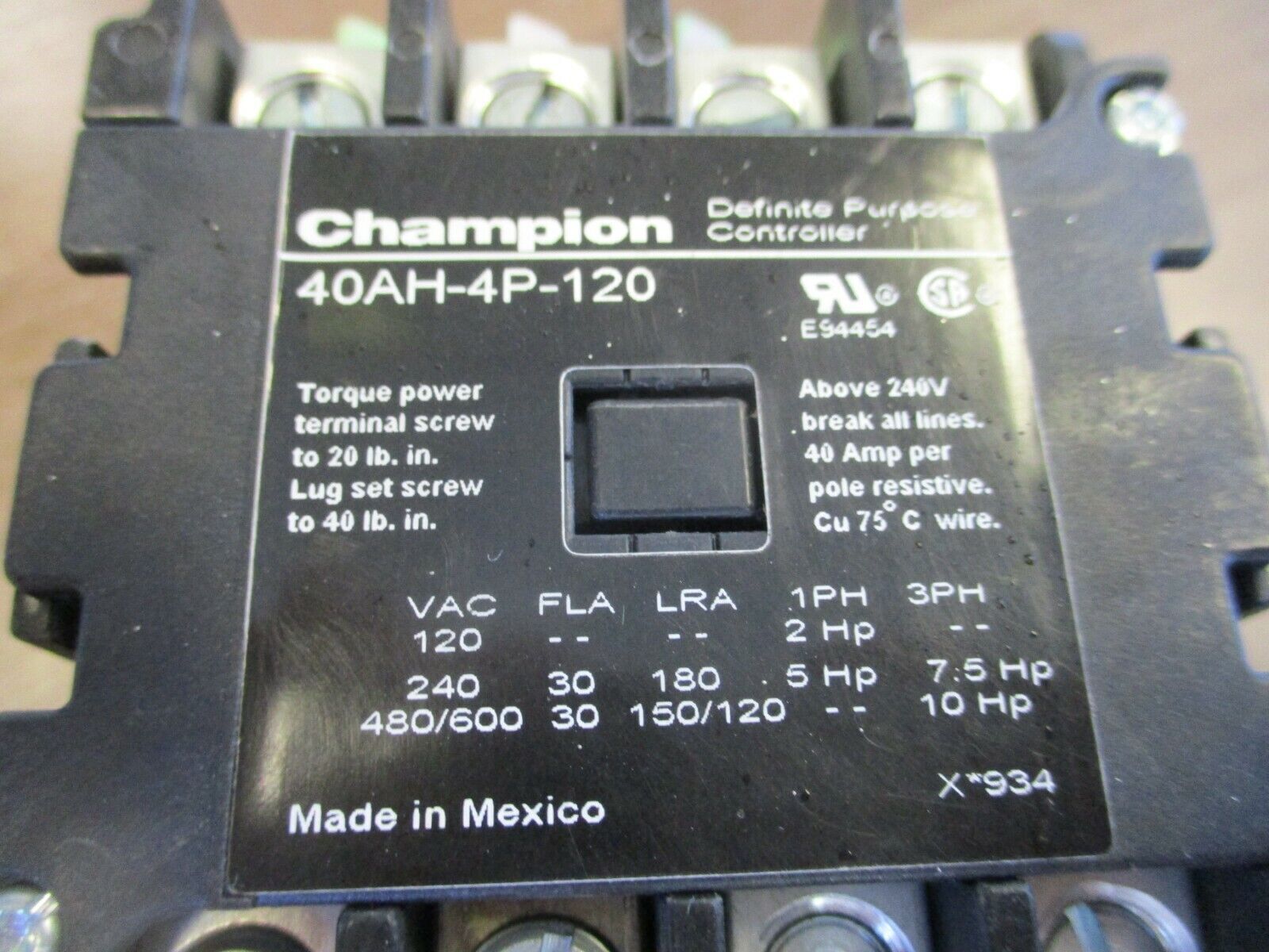 Champion Definite Purpose Contactor 40AH-4P-120 120V Coil 30A 600V Used
