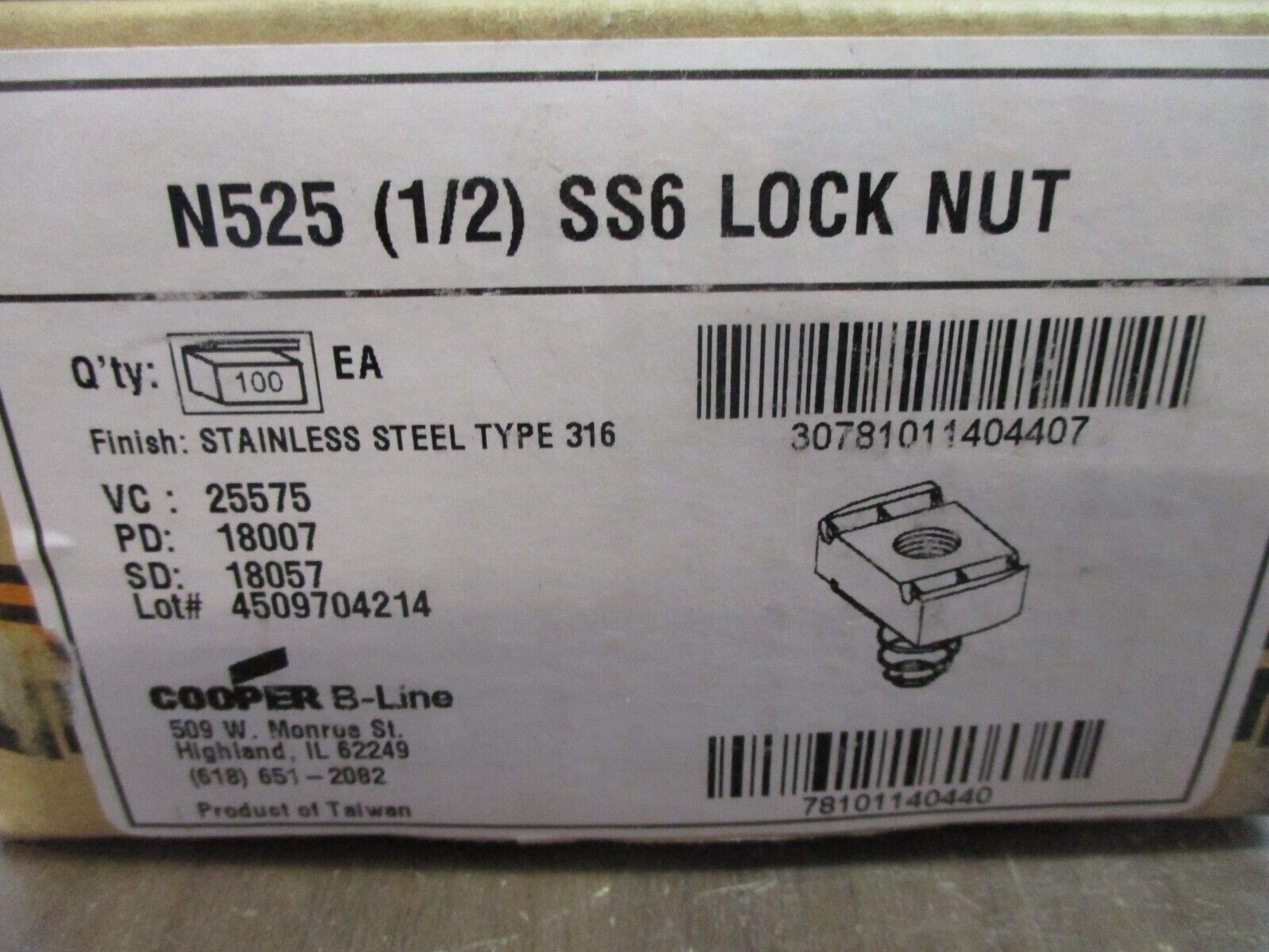 Cooper B-Line Stainless Steel Lock Nut N525(1/2)SS6 1/2" *Approx 100*