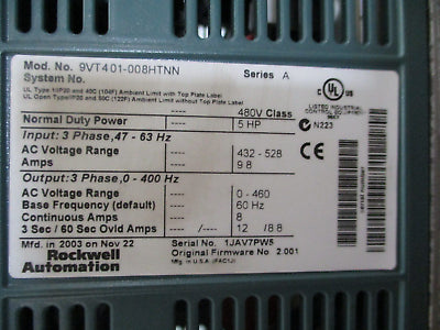 Rockwell Automation VTAC 9 AC Drive w/ Bypass 9VT401-008HTNN 5HP 3Ph w/ Keypad