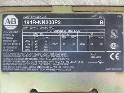 Allen-Bradley Fusible Disconnect Switch 194R-NN200P3 Ser. B 200A 600V 3P Used
