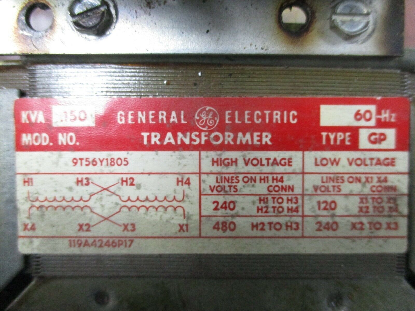 GE Type GP Transformer 9T56Y1805 0.150KVA Pri: 240/480V Sec: 120/240V 60Hz Used