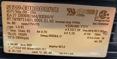 SEW-EURODRIVE Gearmotor KA37 DRN80M4/EK8S/V 1HP 1800/70RPM 230/460V 3.10/1.56A